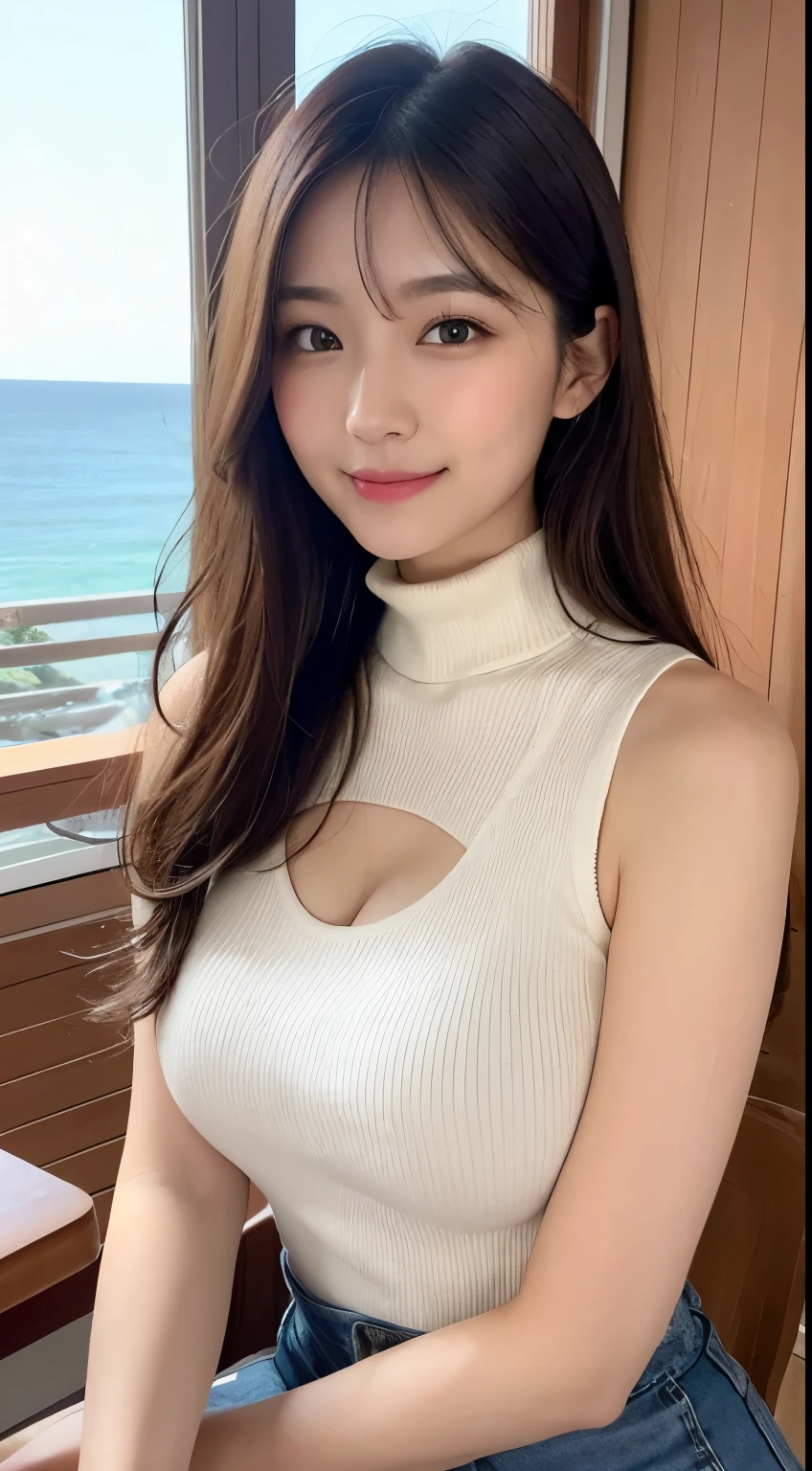 on the table, best quality, Realism, fine details, high resolution, 8k wallpaper, Perfect dynamic composition, Beautiful and delicate eyes, medium hair, Full, large breasts, Casual and sexy pose,Bring your chest together、(Small turtleneck short tank top white cleavage sweater looks so real)、(Breast bulge1.2)、a smile、open mouth、resort scenery、23 years old、(droopy eyes 1.4)、adult beauty、Japanese