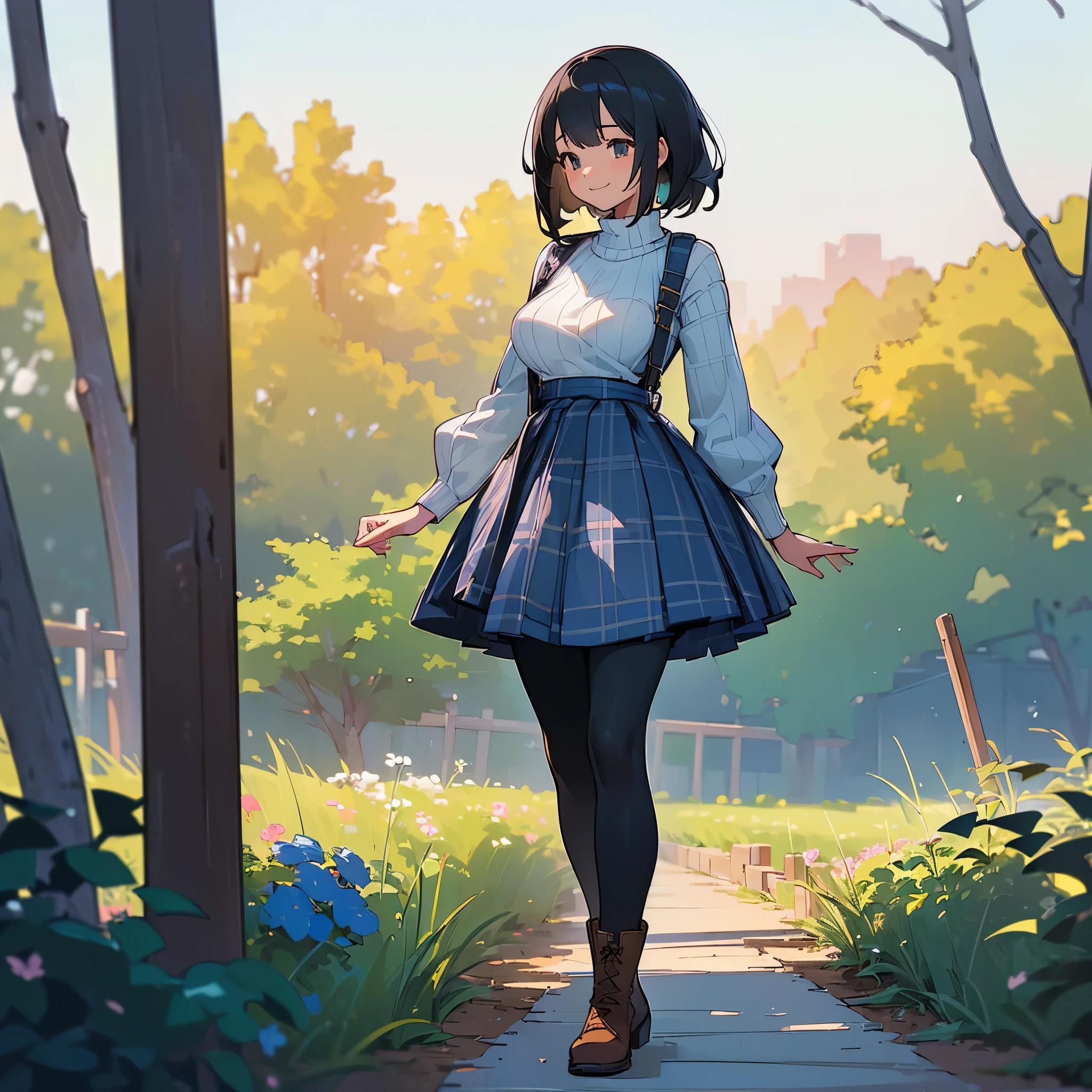 (high quality, high resolution, Super detailed, Reality:1.37), peaceful atmosphere, (outdoor, garden), Teenage girl standing alone, (My breasts are big.), Beautiful detailed features, cute smile, (black bob hair), ribbed sweater, blue plaid skirt, Black tights, brown boots.