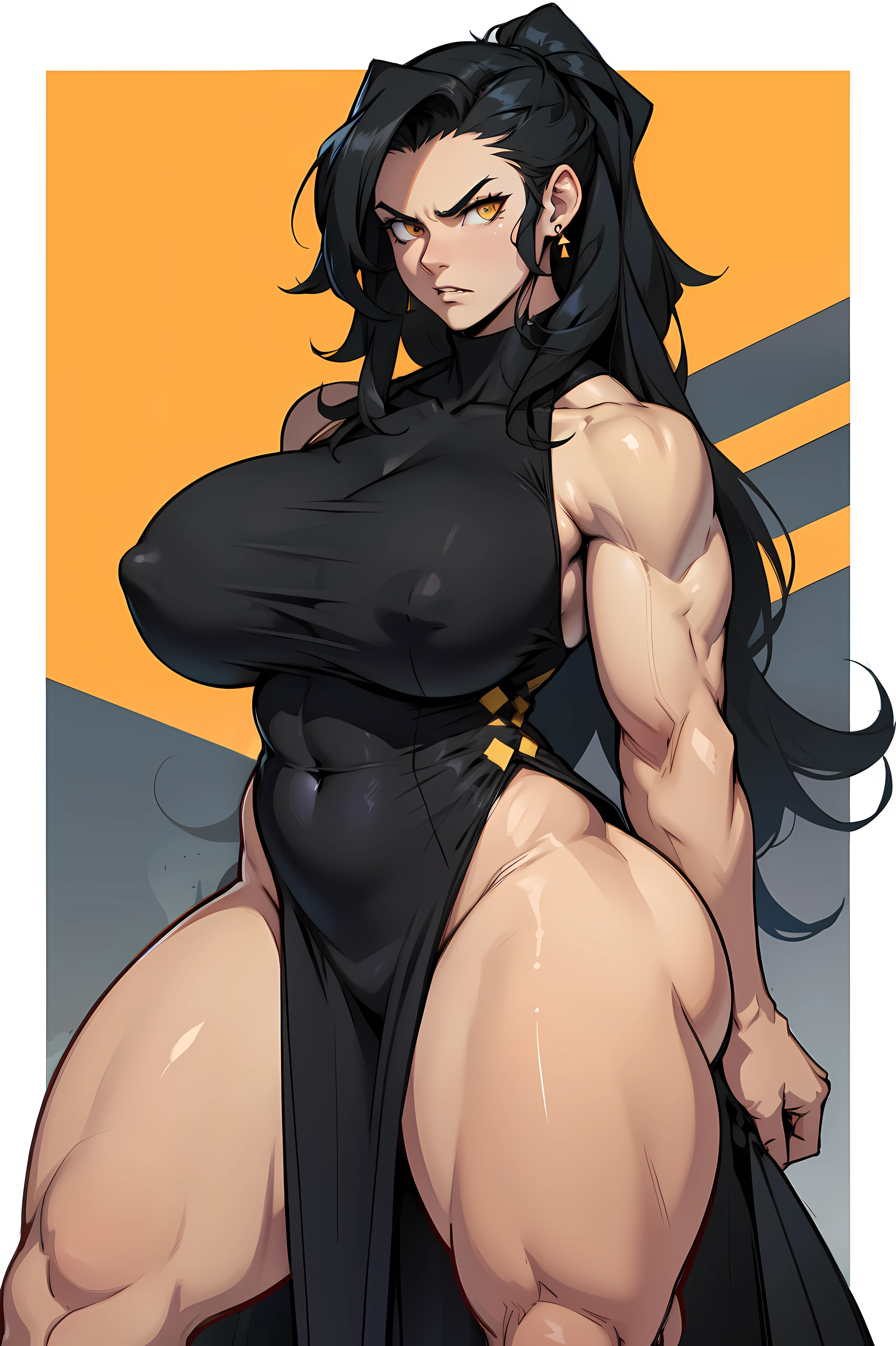 ballgown girl huge tits bodybuilder black hair yellow eyes pale skin muscular toned body thick thighs curvy angry wide hips slick hair