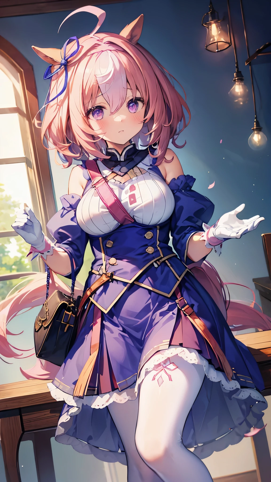 table top, highest quality, 1 girl, meish0d0t0, blue skirt, shirt, horse tail, blue clothes, 青い耳のribbon, ribbon, white legwear, フリルshirt襟, white gloves, pink hair band, white pantyhose, shoulder bag,big and full breasts