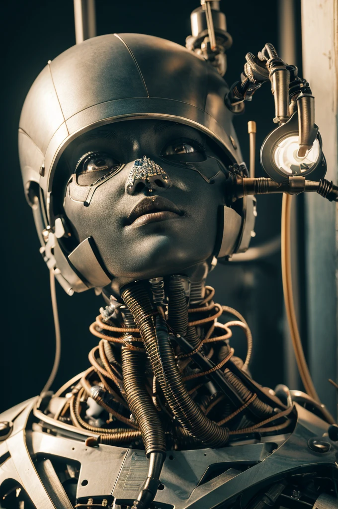 1 mechanical girl,((Ultra realistic details)), portrait, global illumination, Shadow, octane rendering, 8K, super sharp,Metal,Complex, Decorative details, cool color, egyptian details, highly Complex details, realistic light, trending on cgsociety, shining eyes, Face-to-face camera, neon details, mechanical limbs,blood vessels connected to tubes,mechanical spine attached to the back,Mechanical cervical vertebrae attached to the neck,sitting,Wires and cables connecting to the head