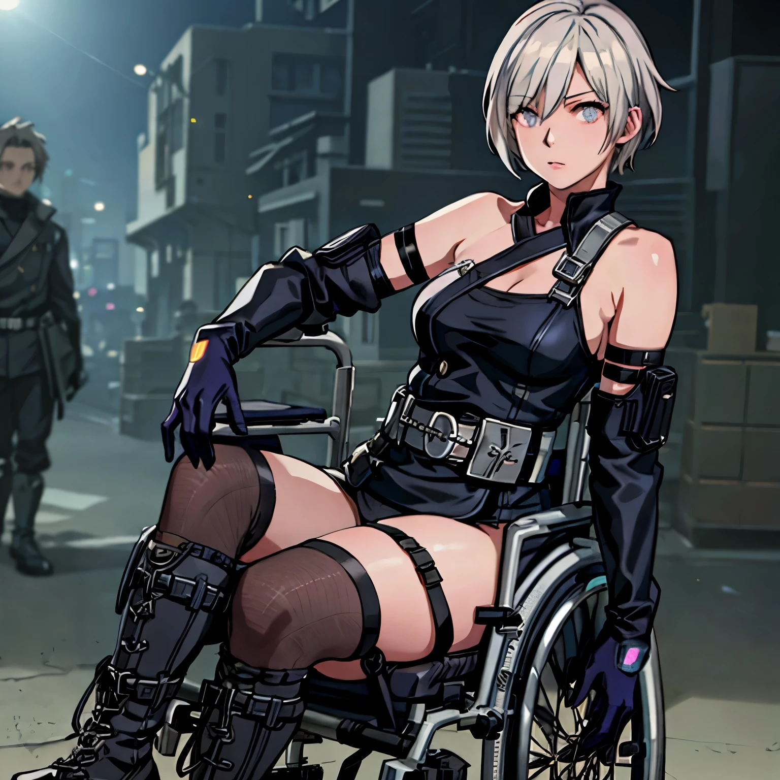 (best quality,4k,8k,highres,masterpiece:1.2),ultra-detailed,(realistic,photorealistic,photo-realistic:1.37),black-dressed,boot-wearing, wheelchair-bound,woman,2b,2b,dark,moody scene,smooth anime CG art,detailed,modern fashion,black, shinobi,beautiful detailed eyes,beautiful detailed lips,extremely detailed eyes and face,long eyelashes,emotionless expression,stoic expression,high-tech wheelchair,city background,nighttime scene,dramatic lighting,glowing neon lights,vibrant colors,powerful stance,defiant posture,2 teenage girls in the background,engaging battle scene,stunning visuals,stunning 3D rendering,inspired by the game "Girls' Frontline",anime aesthetic,game CG,katana-wielding video game character,anime-style 3D rendering character art,8k resolution,very detailed character rendering.