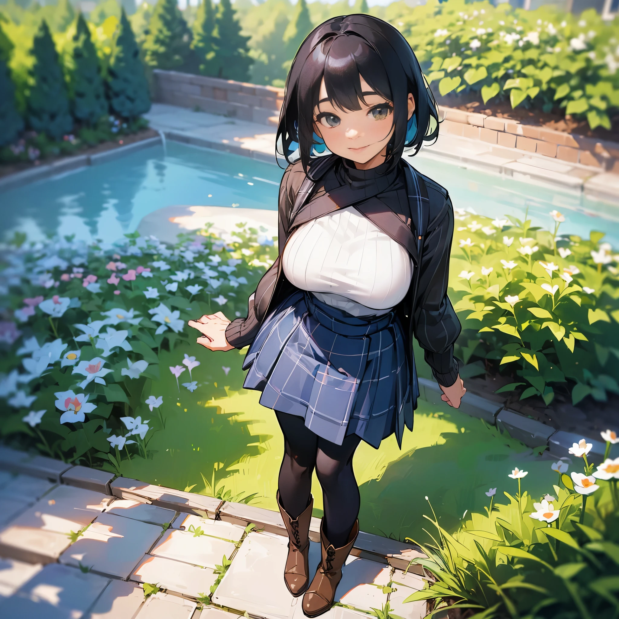(high quality, high resolution, Super detailed, Reality:1.37), peaceful atmosphere, (outdoor, garden), Teenage girl standing alone, (My breasts are big.), Beautiful detailed features, cute smile, (black bob hair), ribbed sweater, blue plaid skirt, Black tights, brown boots.