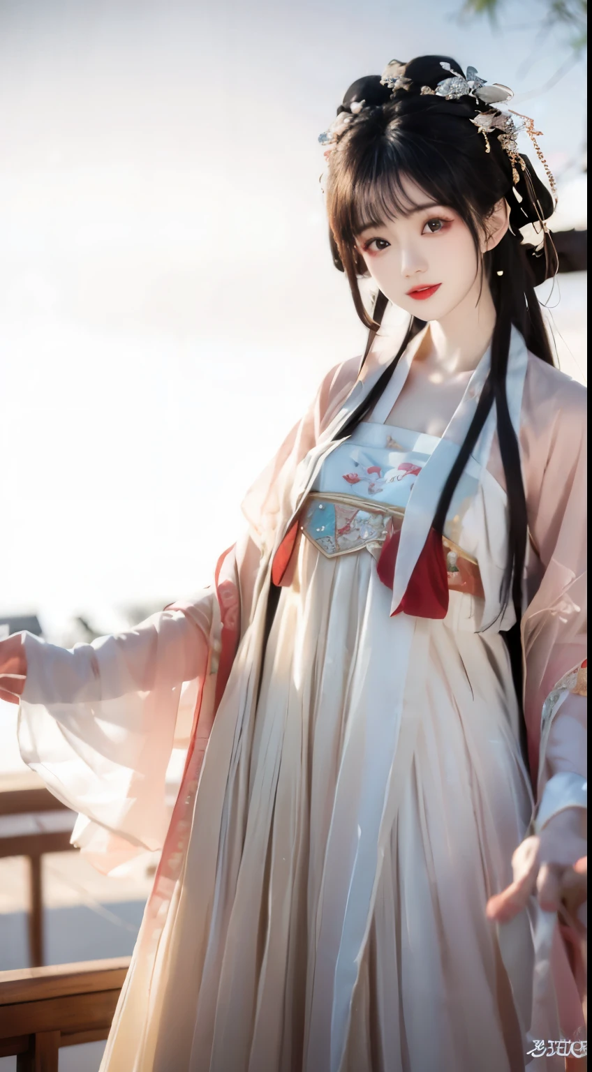 （8k，best quality，masterpiece：1.2），（realistically，photorealistic：1.2），（background ocean：1.2），Look sideways at the audience，1 girl，is a perfect face，perfect eyes，Large cleavage，perfect skin，make happy expressions，abundant，ethereal，pure，Light makeup，jade jewelry，hair accessories，Headband，looking at the audience，rich and colorful，（hanfu，song style outfits，1 girl，pink short mountain，White pleated skirt，red pine hair），