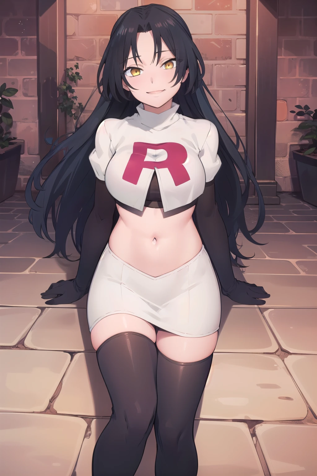 (extremely detailed CG unity 8k wallpaper),(masterpiece),(best quality),(ultra-detailed),(best illustration),(best shadow),(absurdres),  dominique, 1girl, black hair, solo, long hair, yellow eyes, smile, looking at viewer, jewelry, team rocket,team rocket uniform,white skirt,red letter R,crop top,black thigh-highs,black elbow gloves