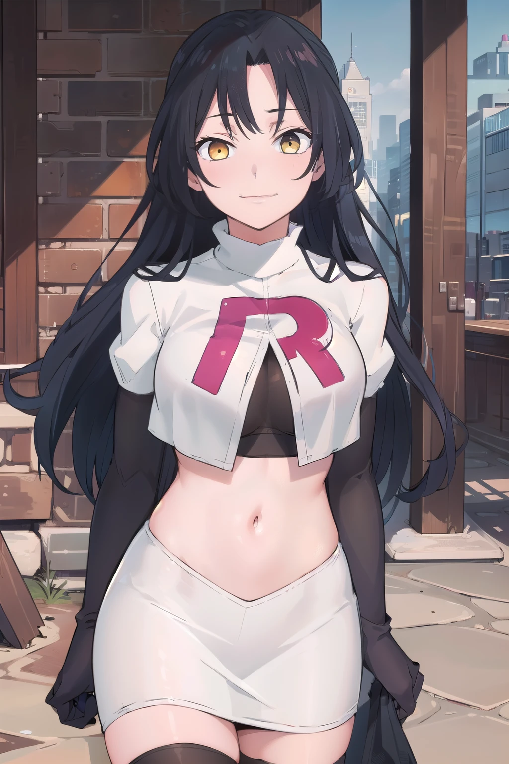 (extremely detailed CG unity 8k wallpaper),(masterpiece),(best quality),(ultra-detailed),(best illustration),(best shadow),(absurdres),  dominique, 1girl, black hair, solo, long hair, yellow eyes, smile, looking at viewer, jewelry, team rocket,team rocket uniform,white skirt,red letter R,crop top,black thigh-highs,black elbow gloves