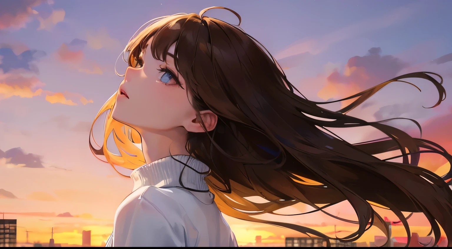 (((1 woman)))、(highest resolution、clear_image)、 (((white sweater)))、best quality、((Perm hair)),(((look up at the sunset sky)))、contrast of light and shadow、、night city background、((illumination))、very detailed、Semi-realistic、brown hair、、Expressionless、bangs、20-year-old、office Lady,,young、((Viewed from the rear))、delicate facial features facial features、