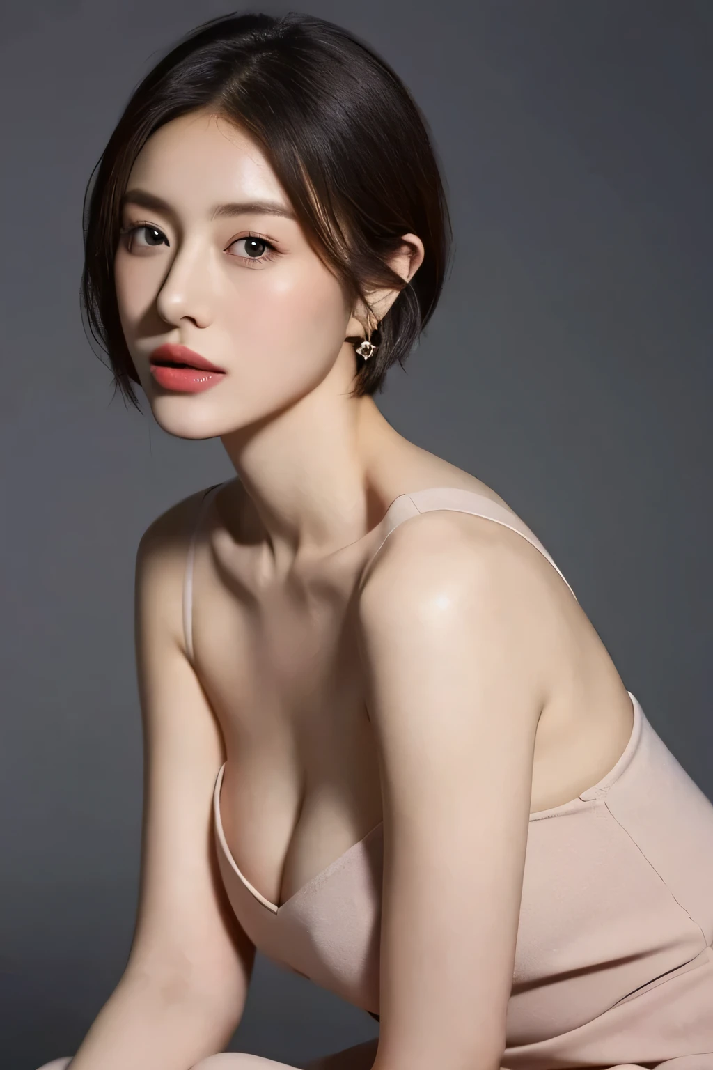 (highest quality,8K,masterpiece),studio photography,
Very beautiful Japan models,fine skin,realistic skin, lip gloss,rouge,
very short hair,pixie cut,
big earrings,bodycon,
big breasts,thighs,
big breasts,emphasize cleavage,
gray background