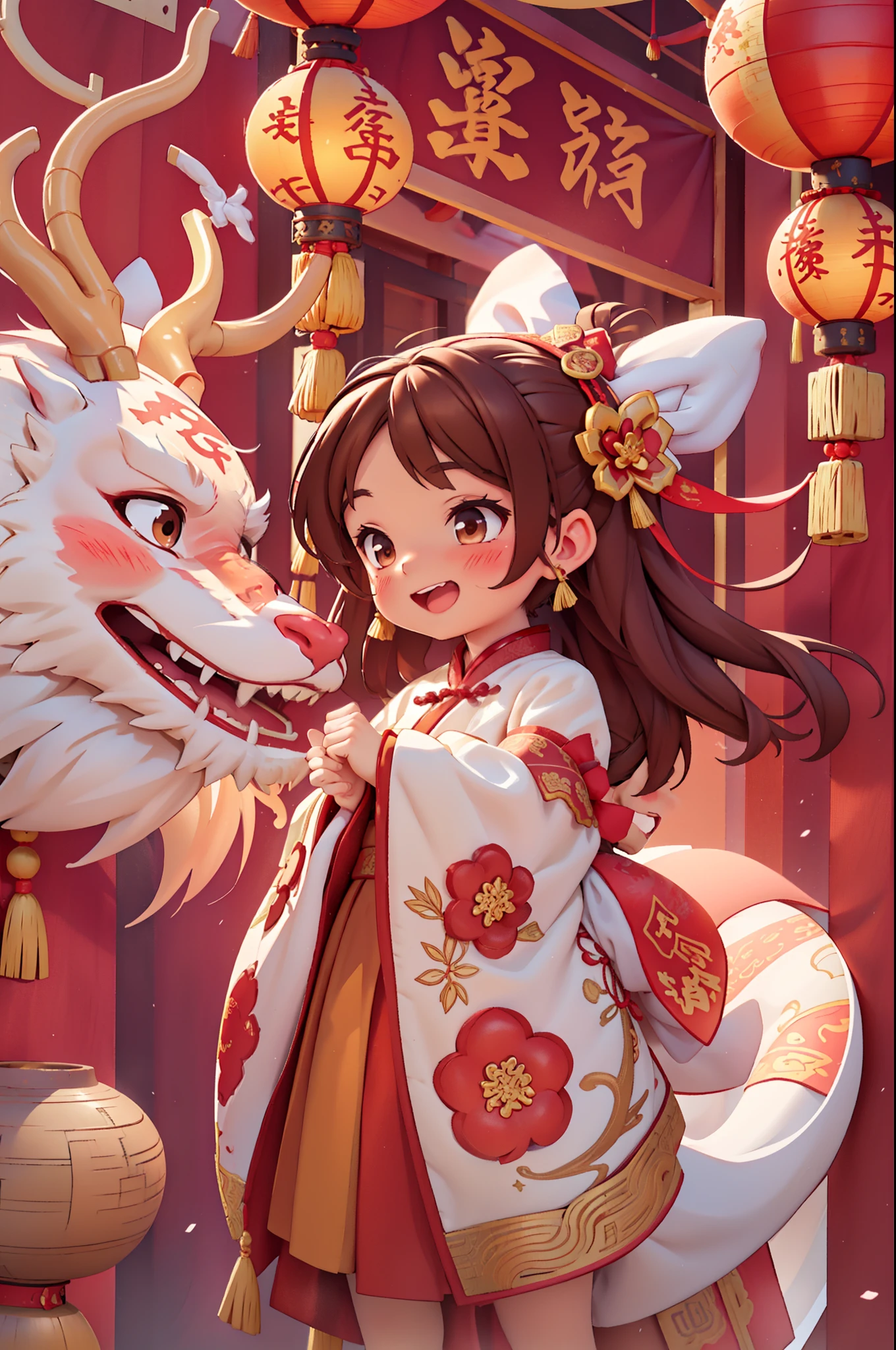 8k,original photo,(masterpiece:1.2),alone,Super detailed,Extremely detailed CG 8k wallpaper,incubation (texture),CNY,1 girl,alone,Wear traditional Chinese clothing to welcome the winter solstice festival, long hair,looking at the audience,blush,Smile,open mouth,simple background,brown hair,hair accessories,Hanfu，long sleeves,skirt,Double tail,brown eyes,Raise your hand,low Double tail,Chinese clothes,red background,Big red lanterns hung high，Holding a wishful ornament，