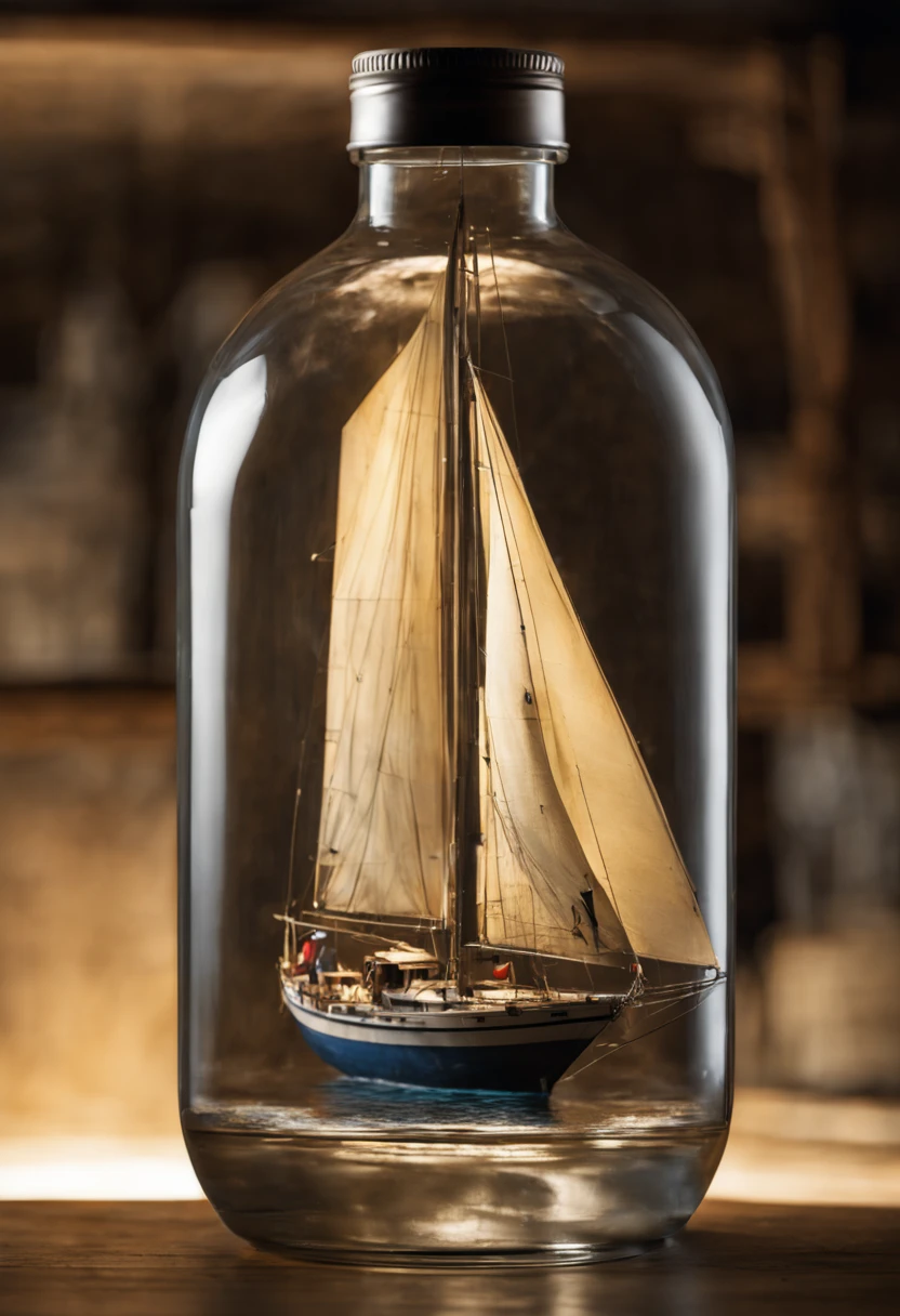 Sailboat in clear bottle, spot lighting, dimly lit interior, no one in sight, super detailed image.