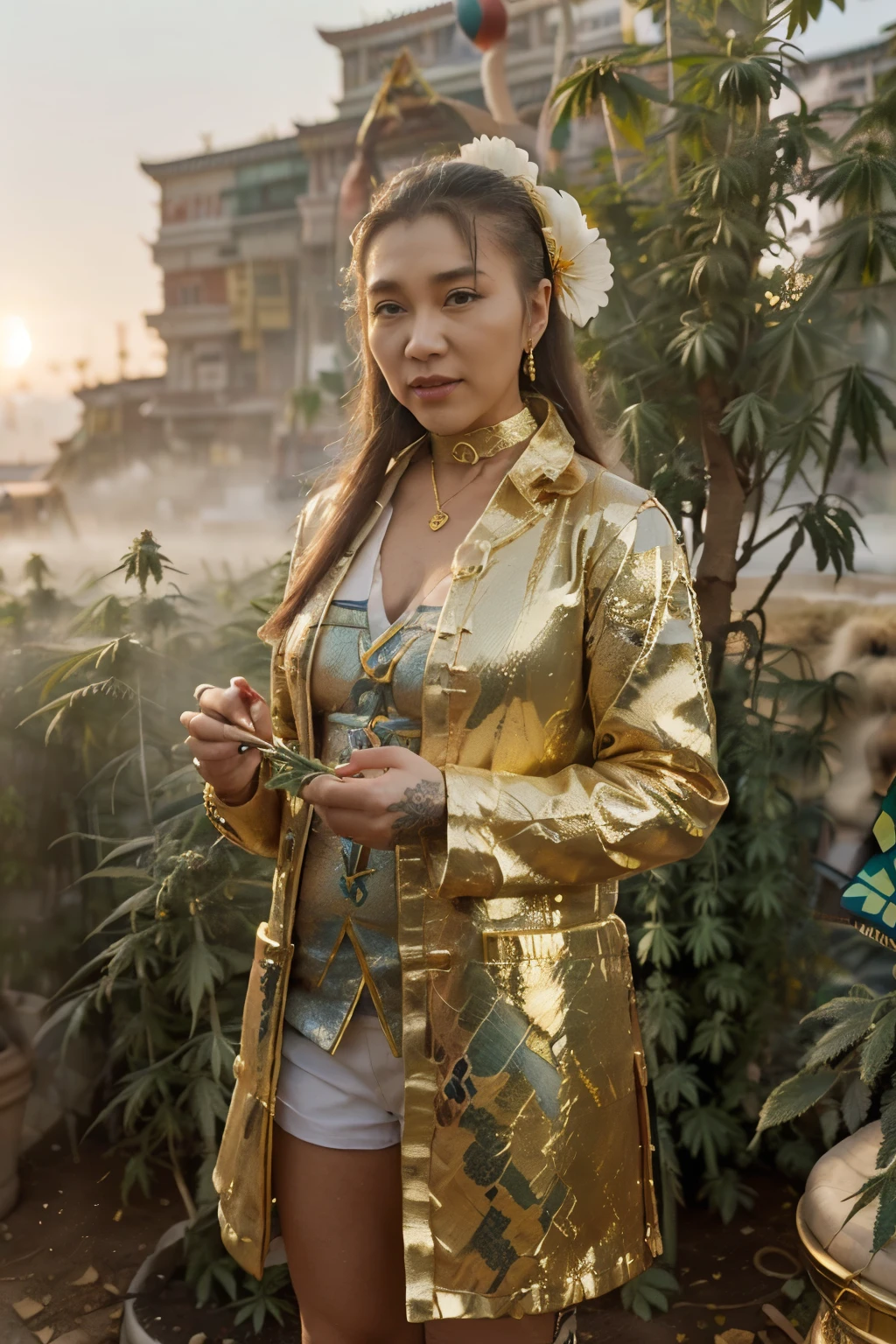 ((athletic ((tall ((Mongolian)) Pokemon professor)) outside writing equations on a whiteboard, (wearing gilded butterfly detailed white coat and professional uniform), (wearing snake choker), (visible cannabis flower tattoos), high quality photo, mischievously standing in the garden (with copious tall cannabis sativa plants and pokeballs surrounding scene during foggy sunrise)