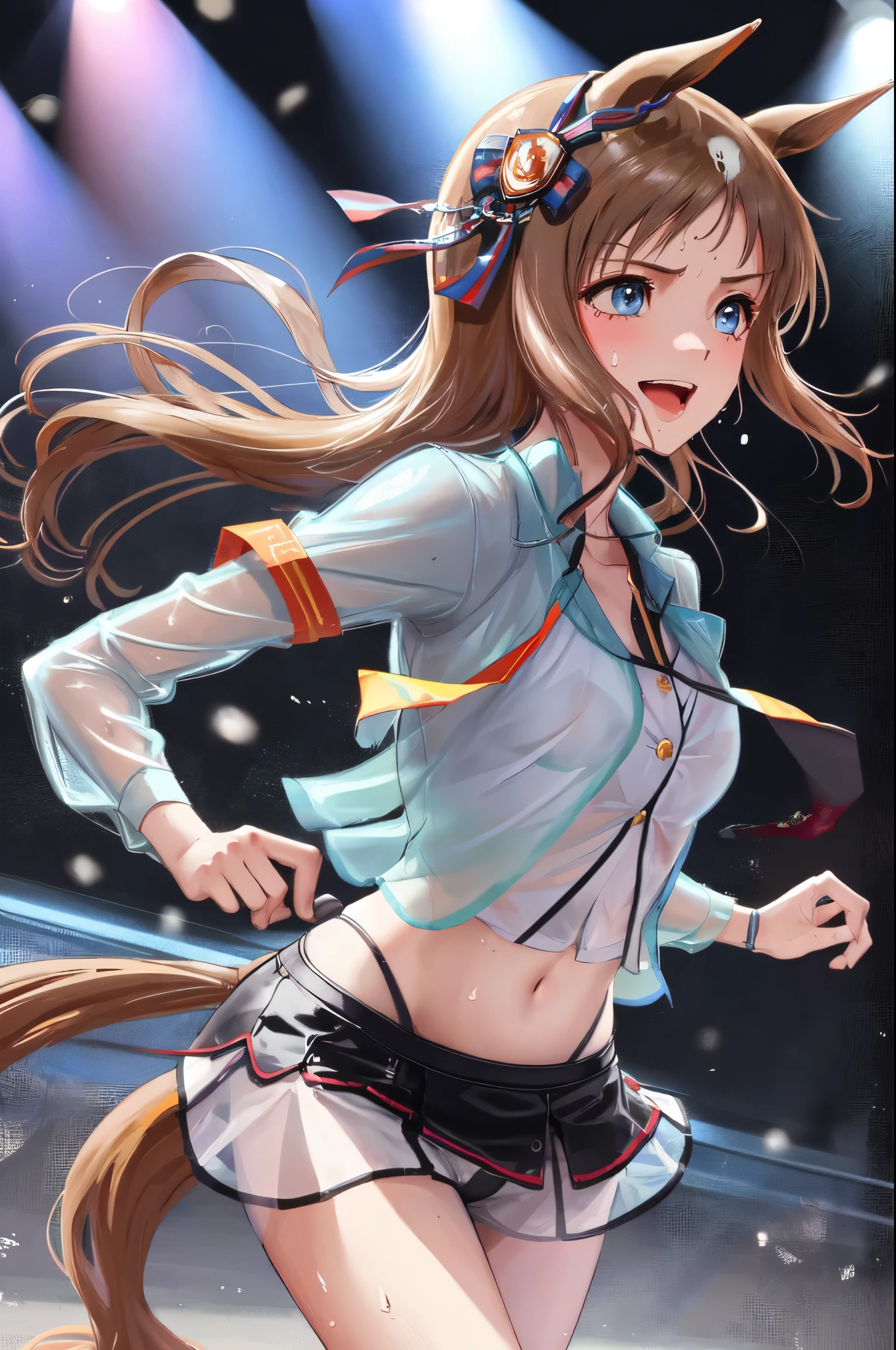 sexy dance show,(running:1.5),grass wonder \(umamusume\),Ultra-detailed face,top-quality,happy Smile,(Live Stage:1.2),(see through costume:1.2),Horse tail,sing a song,ultra miniskirt,navel,micro panties,(large breasts,clearvage,erected nipples:1.2),sweat,from below