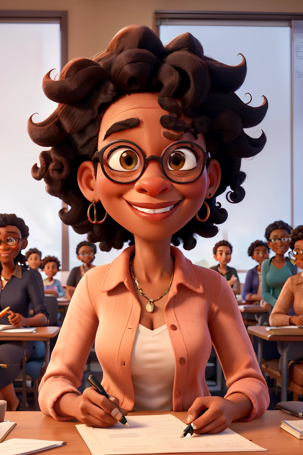 Disney Pixar cartoon type B, Umartwork, best quality, Portrait of a successful, curly hair, mature, black mature woman, wearing red glasses, looking at the camera with a pen in her hand and a sheet of paper in her other hand . smiling african american woman standing in classroom at school, portrait of mature woman, woman in her 40s