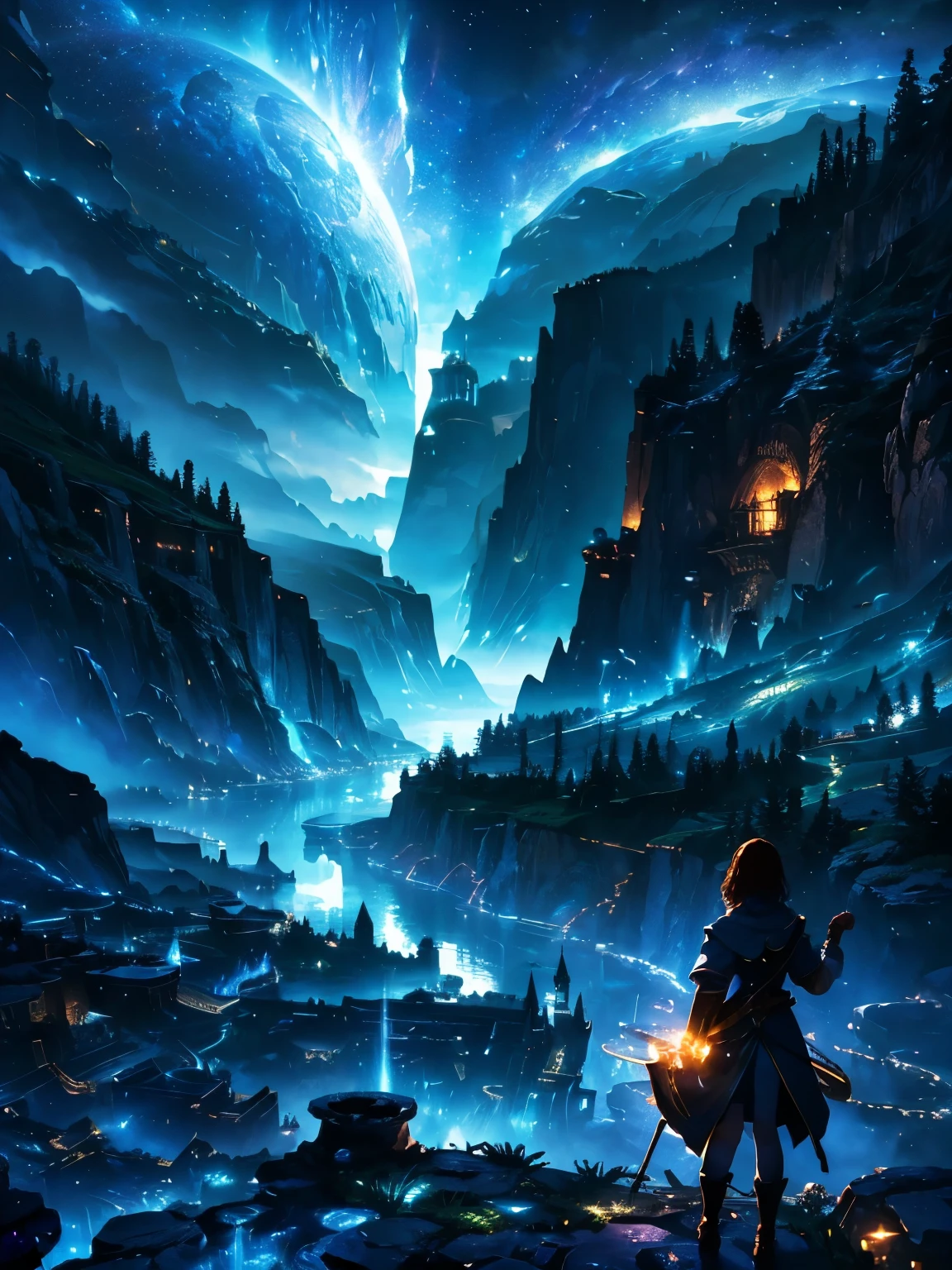 (An incredible fantasy landscape:1.2), (with lights and magic floating in the air:1.2), (captured in ultra-high definition, 4K resolution:1.2), (creating an image that immerses the viewer in a visually stunning world of enchantment and wonder:1.1).