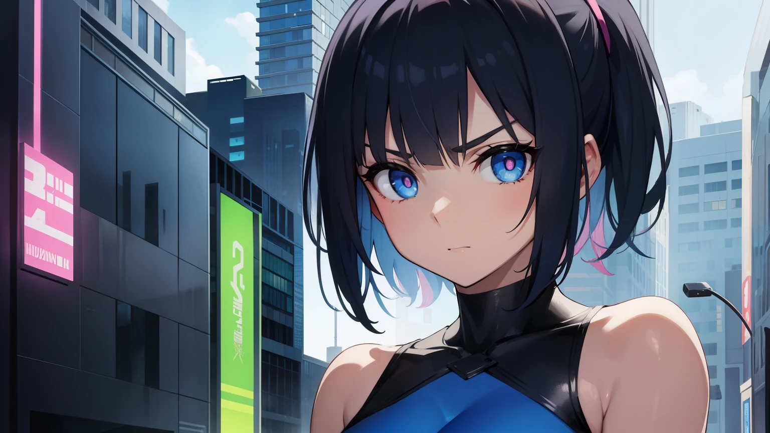 1woman, fit-muscled body, bright yellow eyes,dark blue hair , blue eyes, With round lenses, The audience watched carefully, (s face: 1.2), Perfect female figure, ((standing)), ((neon pink Tight crop top leather suit)), ((shy and looking at viewer)), (Perfect thick white eyebrows)
BREAK bare shoulders,
BREAK looking at viewer,
BREAK outdoors, cyber punk city,
BREAK (masterpiece:1.2), best quality, high resolution, unity 8k wallpaper, (illustration:0.8), (beautiful detailed eyes:1.6), extremely detailed face, perfect lighting, extremely detailed CG, (perfect hands, perfect anatomy),