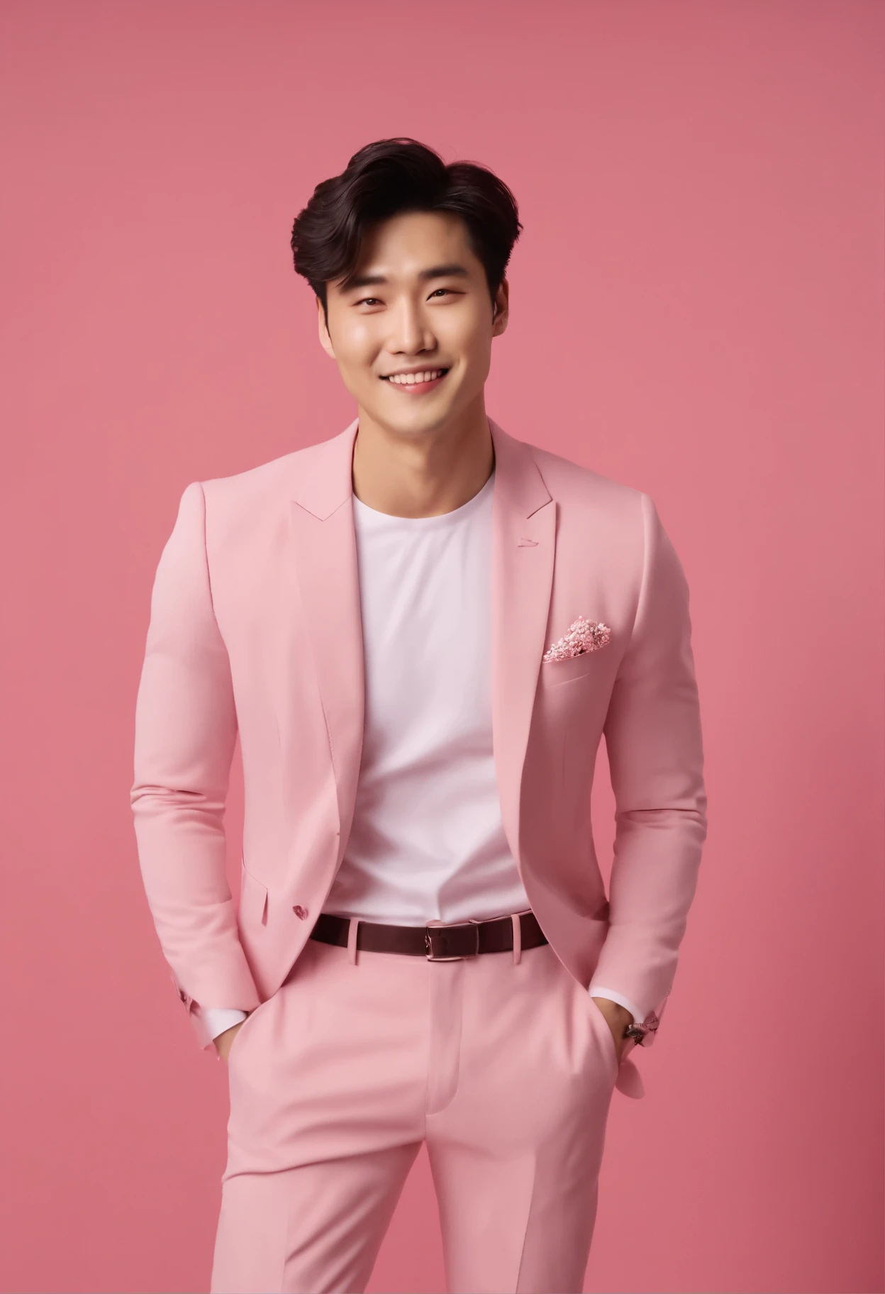 4K, ultra realistic, a handsome korean man, attractive smile, wearing fashion week clothes, pink background, photoshot for valentine day in a photo studio