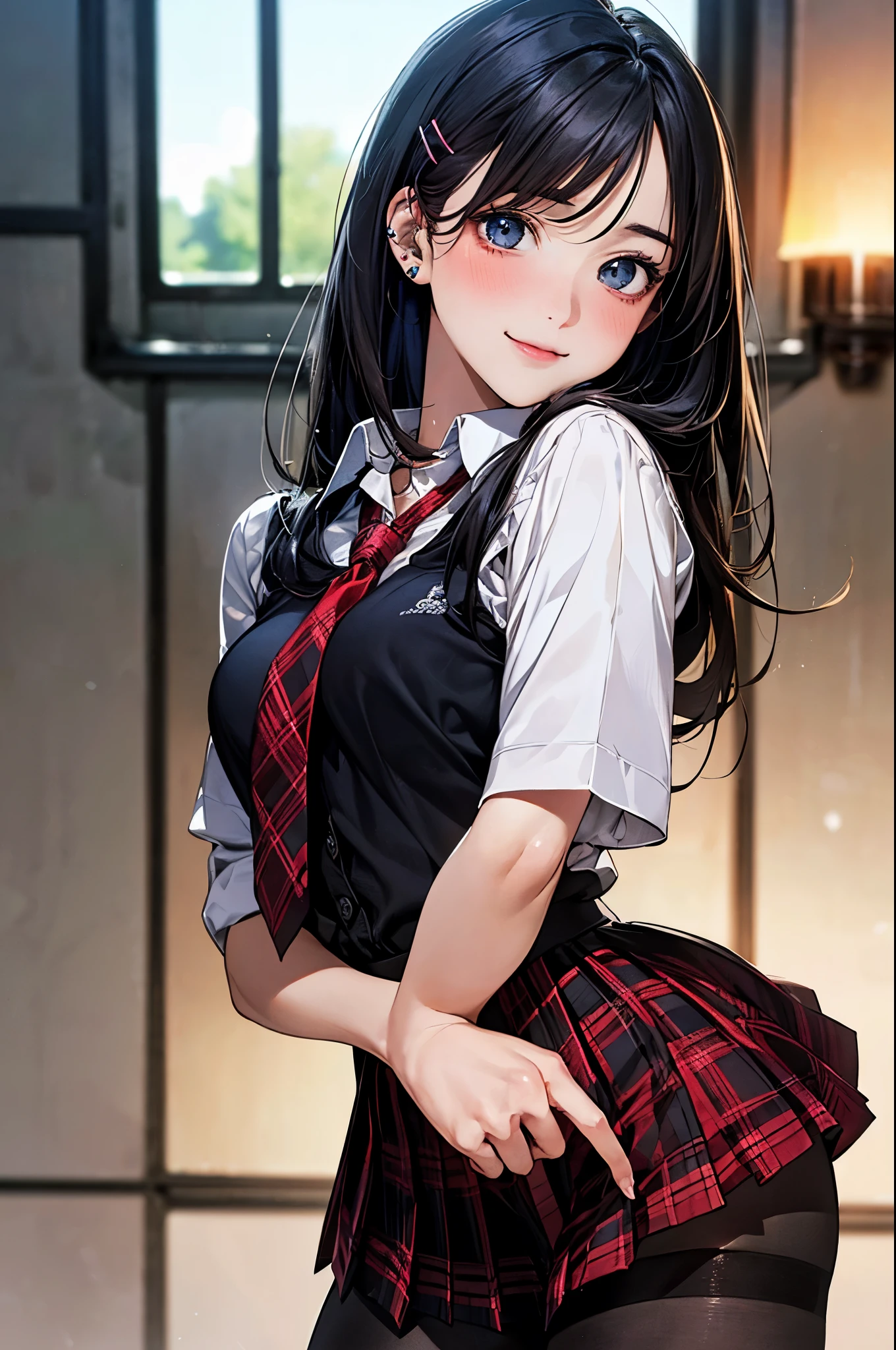 (masterpiece:1.2, top-quality), (realistic, photorealistic:1.4), beautiful illustration, (natural side lighting, movie lighting),
looking down at viewer, from below:1.2, 1 girl, japanese, high school girl, perfect face, cute and symmetrical face, shiny skin, face,
(long hair, straight hair, light blue hairpin, black hair), swept bangs, blue eyes, big eyes, drooping eyes, (middle breasts, seductive thighs, big ass), piercings,
beautiful hair, beautiful face, beautiful detailed eyes, beautiful clavicle, beautiful body, beautiful chest, beautiful thigh, beautiful legs, beautiful fingers, five fingers,
(((black collared shirt), red plaid pleated miniskirt, red tie), black pantyhose),
(beautiful scenery), evening, girl's room, wariza, (seductive smile, upper eyes),