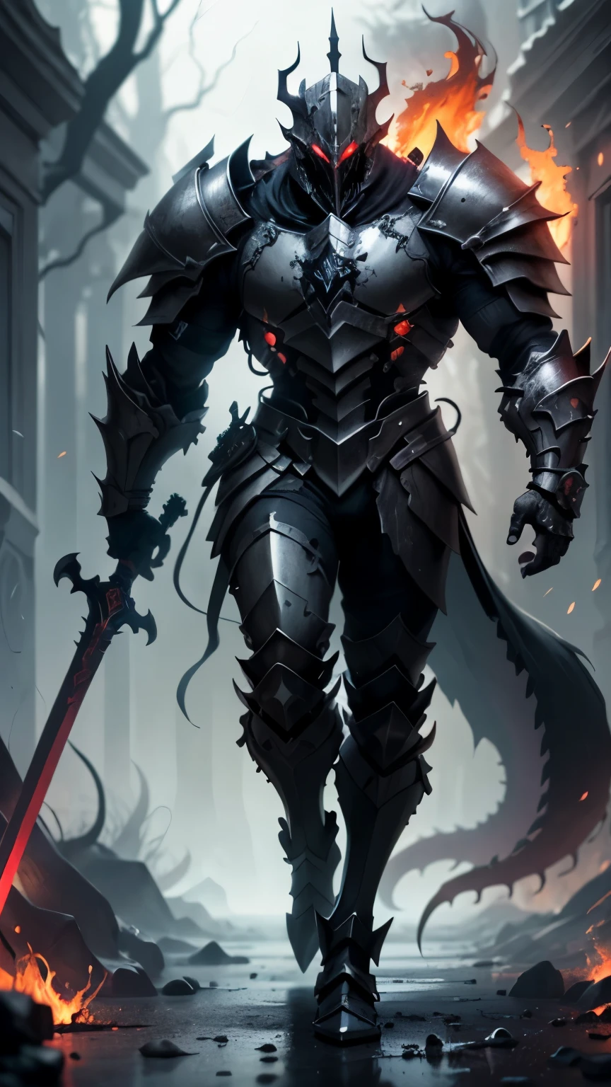 Knight in FULL plated Black Deadric knight striding through a lava lake, Black light mixed with red,with black mist Black greatsword with broken red lines, background Death knight holding sword,Deadric knight standing in a dark rooom, burnt armor, black fire color reflected armor, steampunk bioarmor, redwood forest themed armor, demonic dragon inspired armor, corrupted armor, gothic armor, black and reddish color armor, cyberpunk flame suit, prince crown of black gears, demonic! compedium!, black gears, medieval, dynamic, FULL HD, REALISTIC FANTASY. Layered armor. (((Proportionate))) Black Capote, no weapons