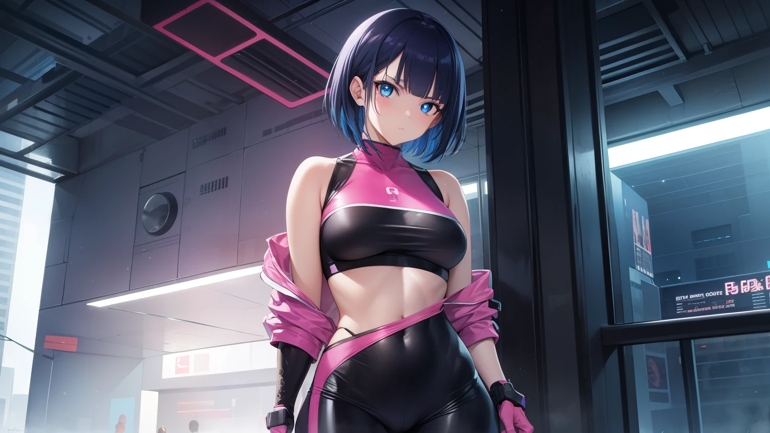 1woman, fit-muscled body, bright yellow eyes，dark blue hair , blue eyes, With round lenses, The audience watched carefully, (s face: 1.2), Perfect female figure, ((standing)), ((neon pink Tight crop top leather suit)), ((shy and looking at viewer)), (Perfect thick white eyebrows), nipple bump
BREAK bare shoulders,
BREAK looking at viewer,
BREAK outdoors, cyber punk city,
BREAK (masterpiece:1.2), best quality, high resolution, unity 8k wallpaper, (illustration:0.8), (beautiful detailed eyes:1.6), extremely detailed face, perfect lighting, extremely detailed CG, (perfect hands, perfect anatomy),