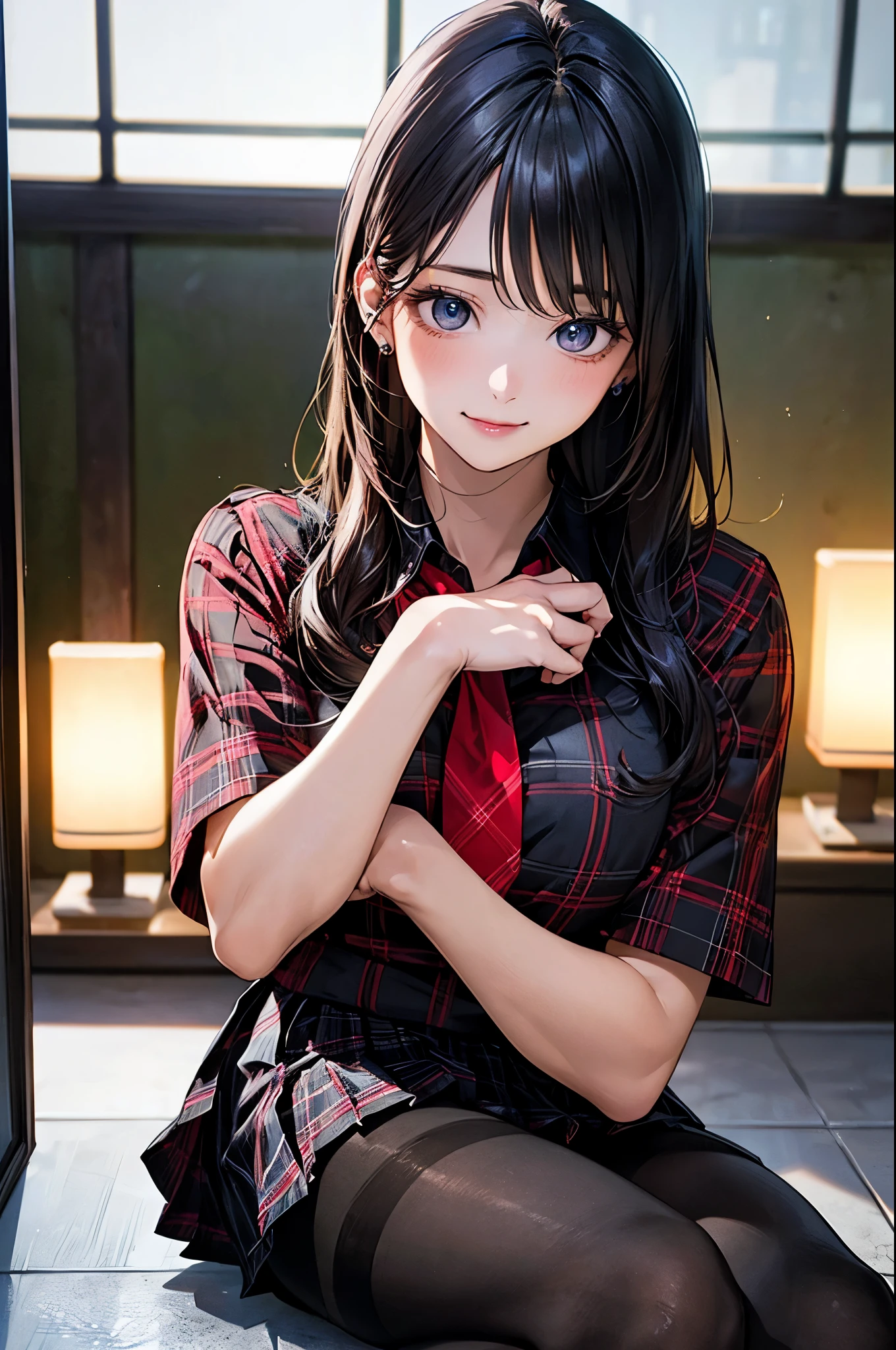 (masterpiece:1.2, top-quality), (realistic, photorealistic:1.4), beautiful illustration, (natural side lighting, movie lighting), ,
(looking at viewer), 1 girl, japanese, high school girl, perfect face, cute and symmetrical face, shiny skin, skinny,
(long hair, straight hair, black hair), swept bangs, datk purple eyes, drooping eyes, long eye lasher, (large breasts:0.6), five fingers, hair ornament,
beautiful hair, beautiful face, beautiful detailed eyes, beautiful clavicle, beautiful body, beautiful chest, beautiful thighs, beautiful legs,
((symmetrical clothing, white collared shirts, navy pleated skirt, red neck ribbon)), light grey cardigan, navy socks,
(beautiful scenery), day time, shopping mall, (lovely smile, upper eyes, open mouth, sexy pose),