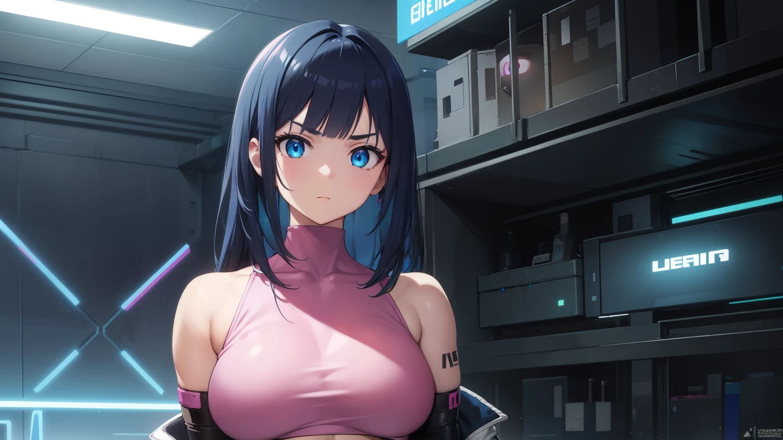 1woman, fit-muscled body, bright yellow eyes,dark blue hair , blue eyes, With round lenses, The audience watched carefully, (s face: 1.2), Perfect female figure, ((standing)), ((neon pink Tight crop top leather suit)), ((shy and looking at viewer)), (Perfect thick white eyebrows), nipple bump
BREAK bare shoulders,
BREAK looking at viewer,
BREAK outdoors, cyber punk city,
BREAK (masterpiece:1.2), best quality, high resolution, unity 8k wallpaper, (illustration:0.8), (beautiful detailed eyes:1.6), extremely detailed face, perfect lighting, extremely detailed CG, (perfect hands, perfect anatomy),