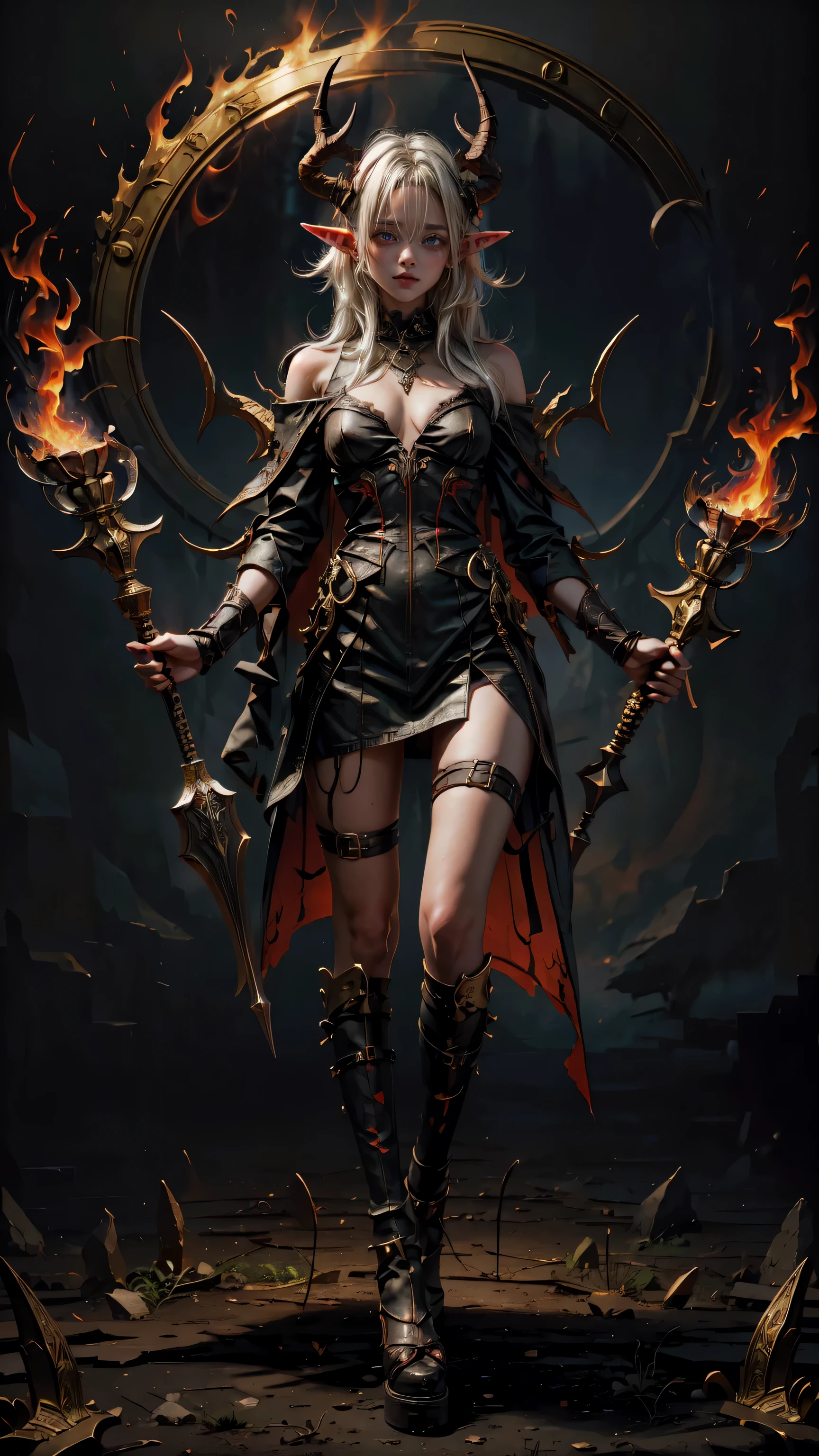 elf girl beautiful eyes,white hair ,horns, horns on head, detailed eyes, full body full shot, vivid colors, hell background , flames , flames in distance , devil , sky is red , hell background