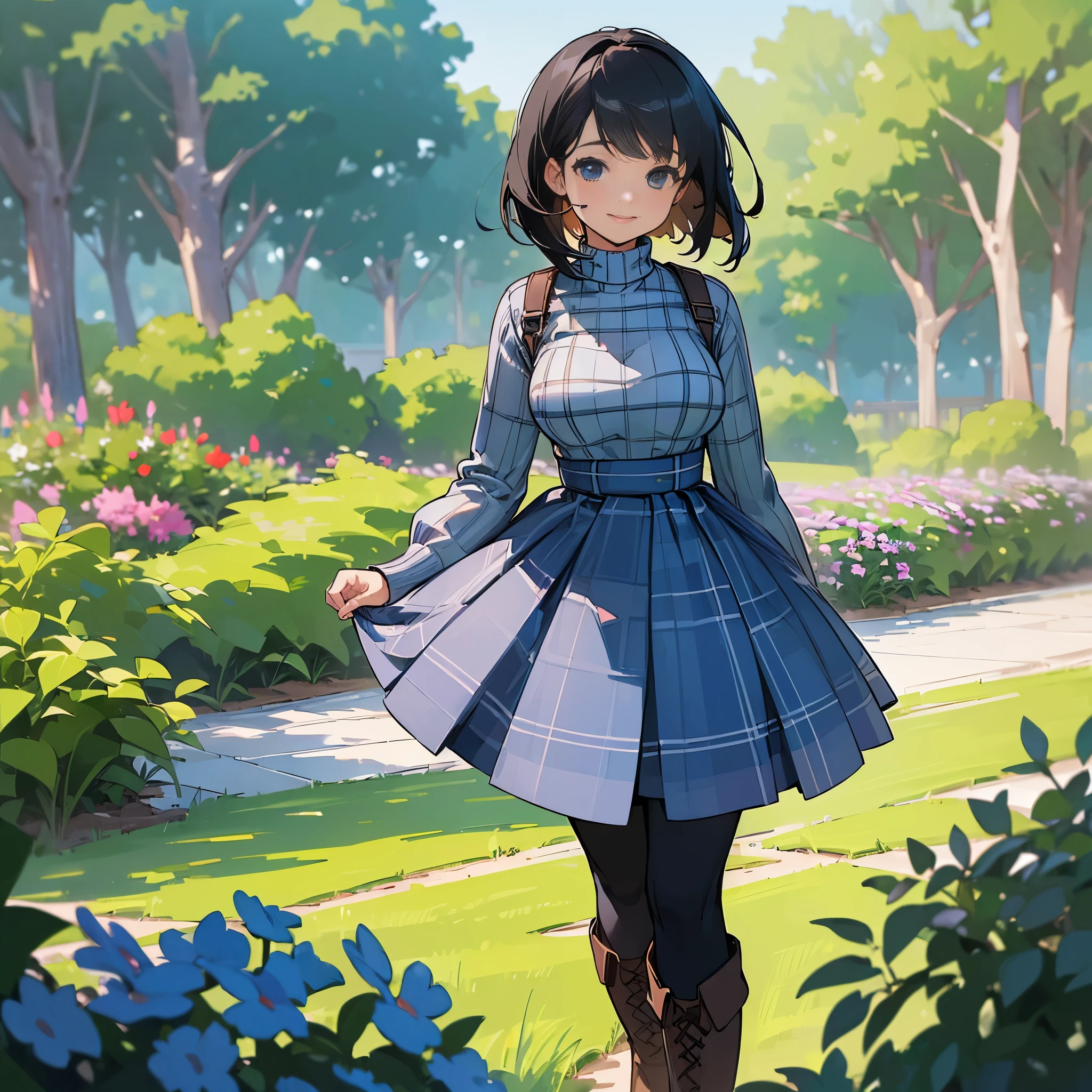 (high quality, high resolution, Super detailed, Reality:1.37), peaceful atmosphere, (outdoor, garden), girl standing alone, (My breasts are big.), Beautiful detailed features, cute smile, (black bob hair), ribbed sweater, blue plaid skirt, Black tights, brown boots.