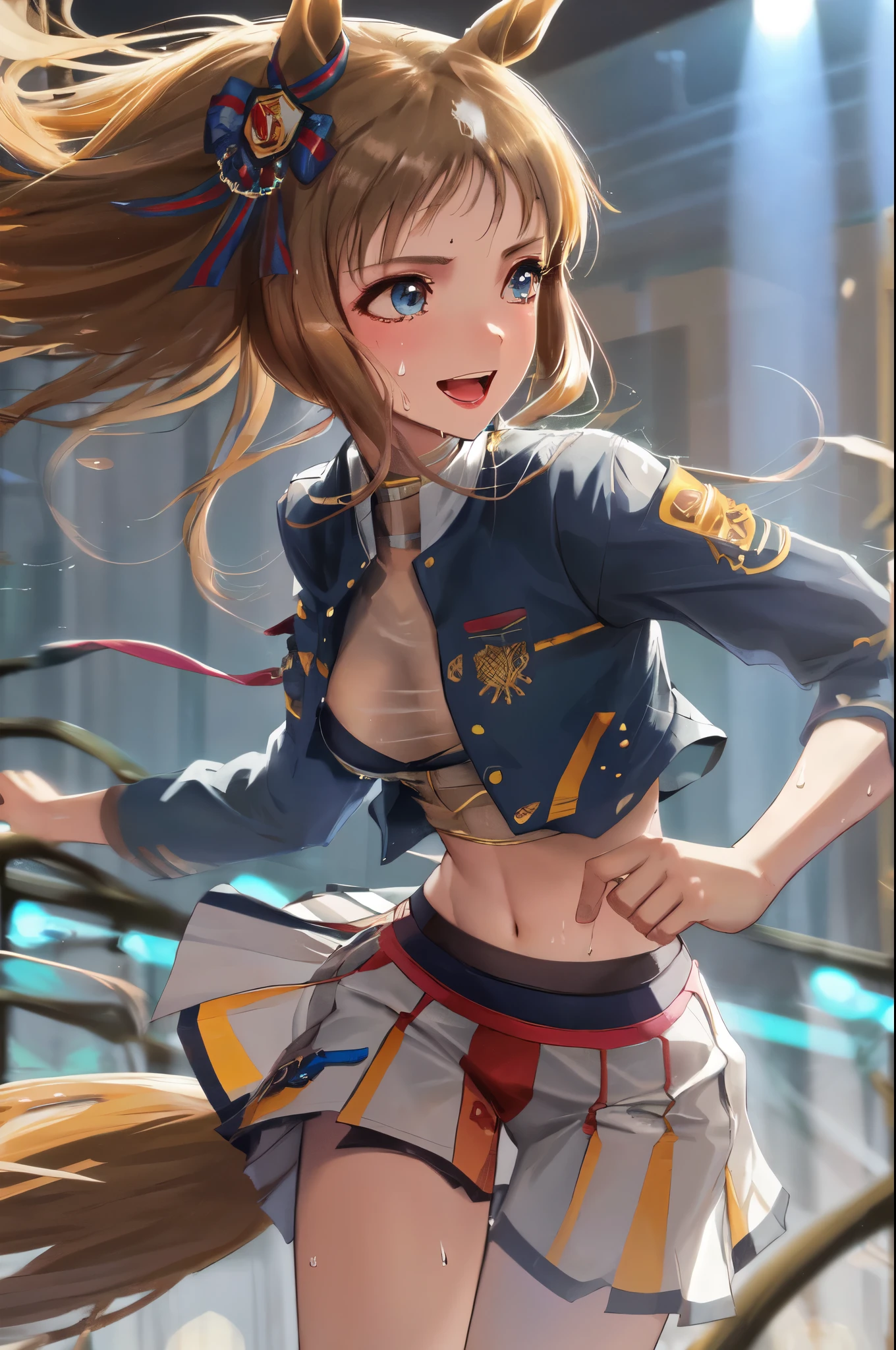 sexy dance show,(running:1.5),grass wonder \(umamusume\),Ultra-detailed face,top-quality,happy Smile,(Live Stage),(see through costume:1.2),Horse tail,sing a song,ultra miniskirt,navel,micro panties,large breasts,clearvage,erected nipples,sweat,from below