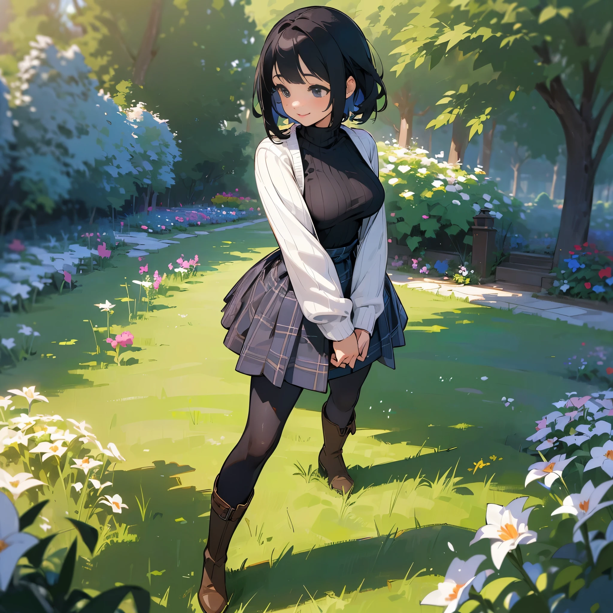 (high quality, high resolution, Super detailed, Reality:1.37), peaceful atmosphere, (outdoor, garden), Teenage girl standing alone, (My breasts are big.), Beautiful detailed features, cute smile, (black bob hair), ribbed sweater, blue plaid skirt, Black tights, brown boots.