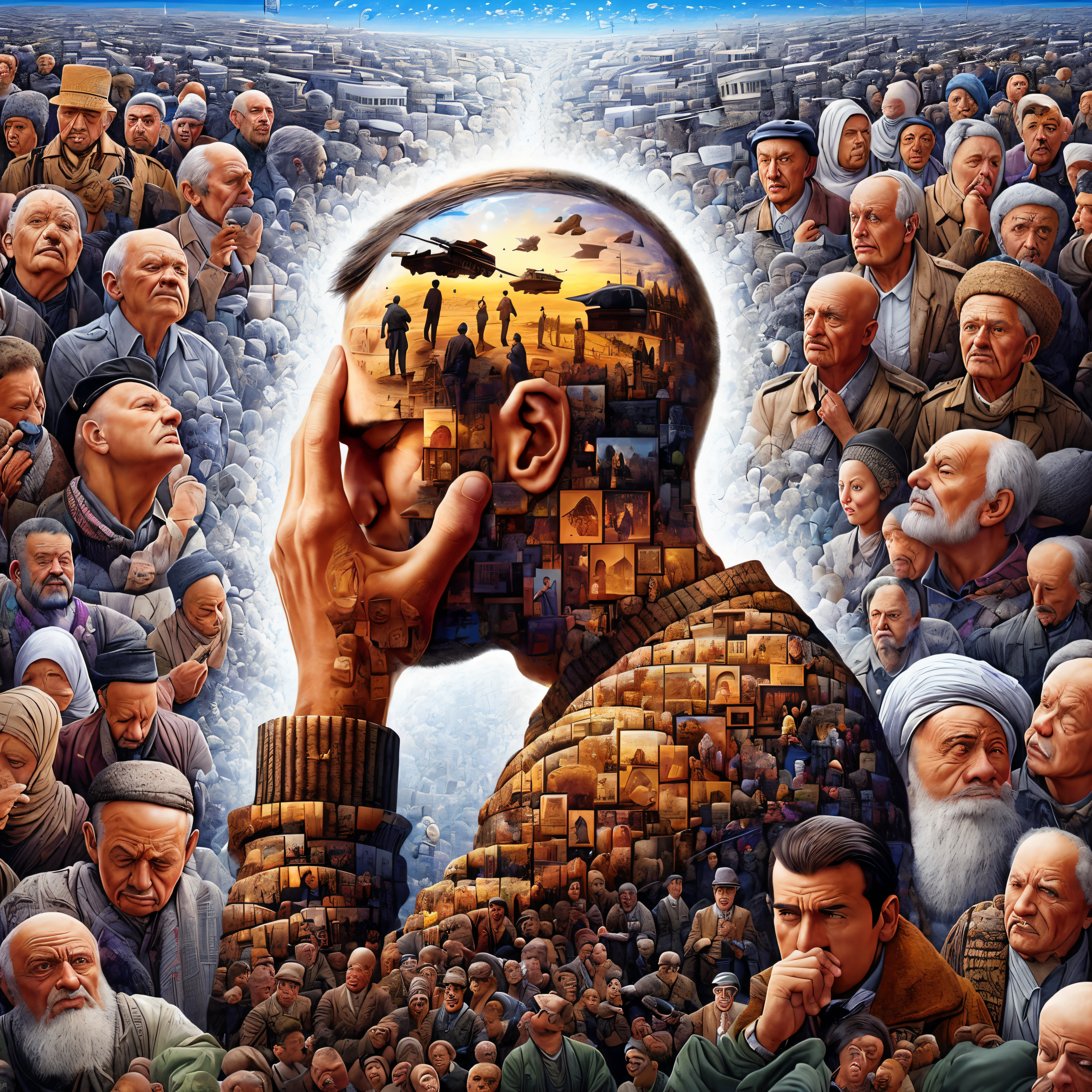 A picture of a man with a head full of people,  Surreal art, his mind contemplating eternity, Digital art that bends the mind, incredible detail, They reach his heart, Collective consciousness, Bending the mind, matte painting of human mind, Inspired by Igor Morski, ponder existence, who can open up, Surreal art, surrealism art, there are human heads everywhere