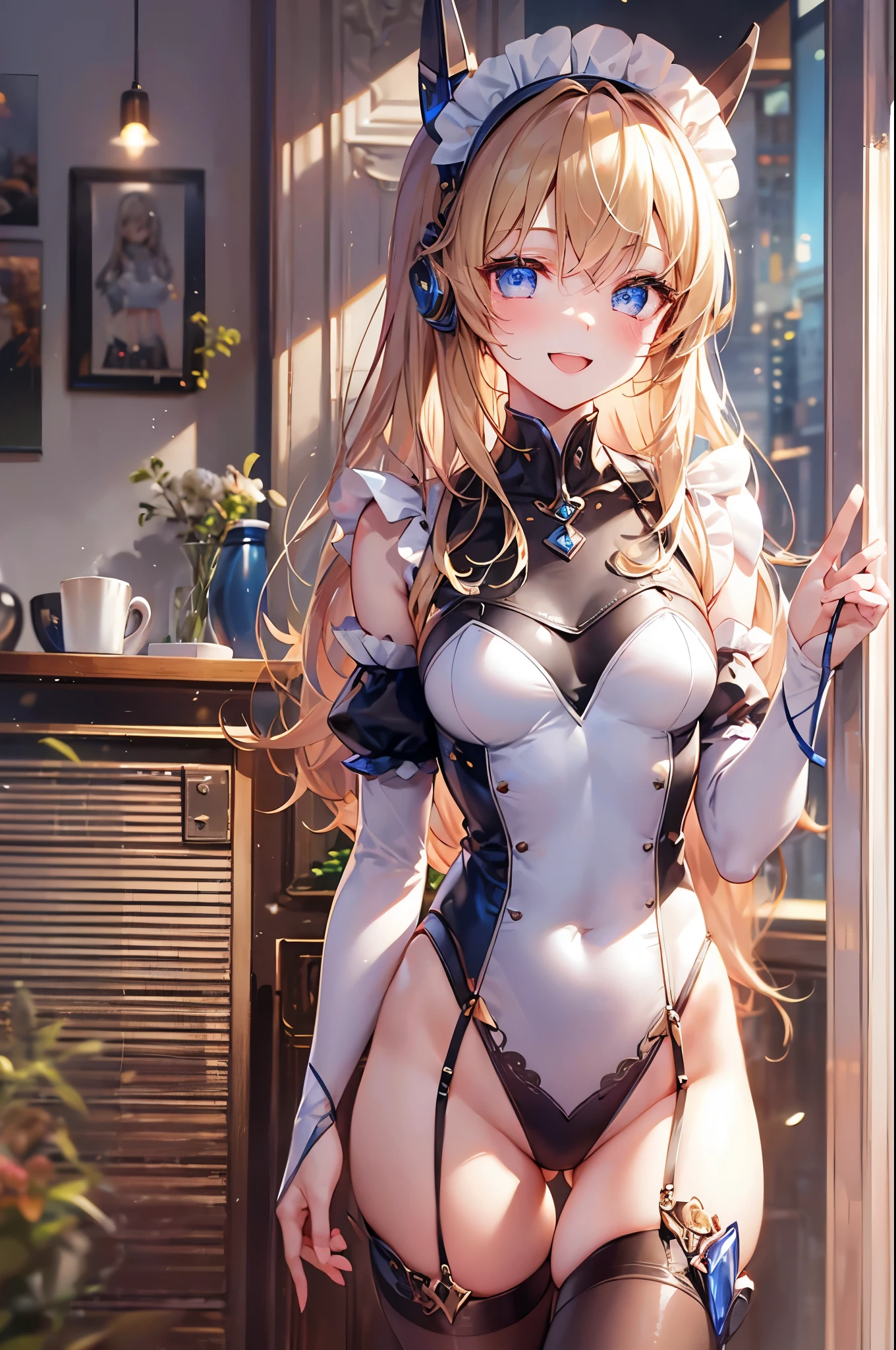 ((masterpiece、4K、8K、highest quality: 1.perfect fingers: 1.perfect anatomy: 1.3、background blur))、((Super precise expression))、,((、thin、small face、super beautiful girl、blonde、straight long hair))、((maid leotard:1.3))、cute eyes:1.1、(Blush and smile:1.3)、(Standing facing the front、whole body:1.5)、(lounge:1.3)、