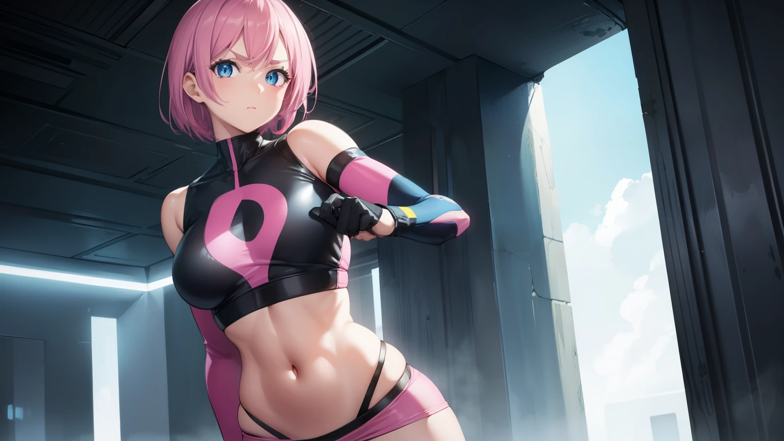 1woman, fit-muscled body, bright yellow eyes,dark blue hair , blue eyes, With round lenses, The audience watched carefully, (s face: 1.2), Perfect female figure, ((standing)), ((neon pink Tight crop top leather suit)), ((shy and looking at viewer)), (Perfect thick white eyebrows), nipple bump
BREAK bare shoulders,
BREAK looking at viewer,
BREAK outdoors, gotham city,
BREAK (masterpiece:1.2), best quality, high resolution, unity 8k wallpaper, (illustration:0.8), (beautiful detailed eyes:1.6), extremely detailed face, perfect lighting, extremely detailed CG, (perfect hands, perfect anatomy),