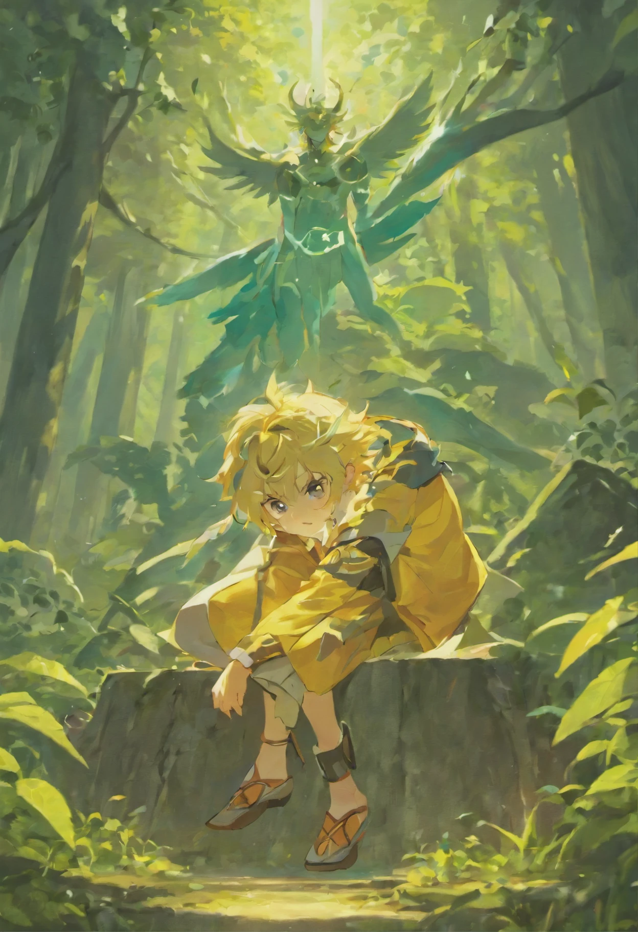 menino sentado, mitologia grega, fauno, floresta, sad expression, anime
