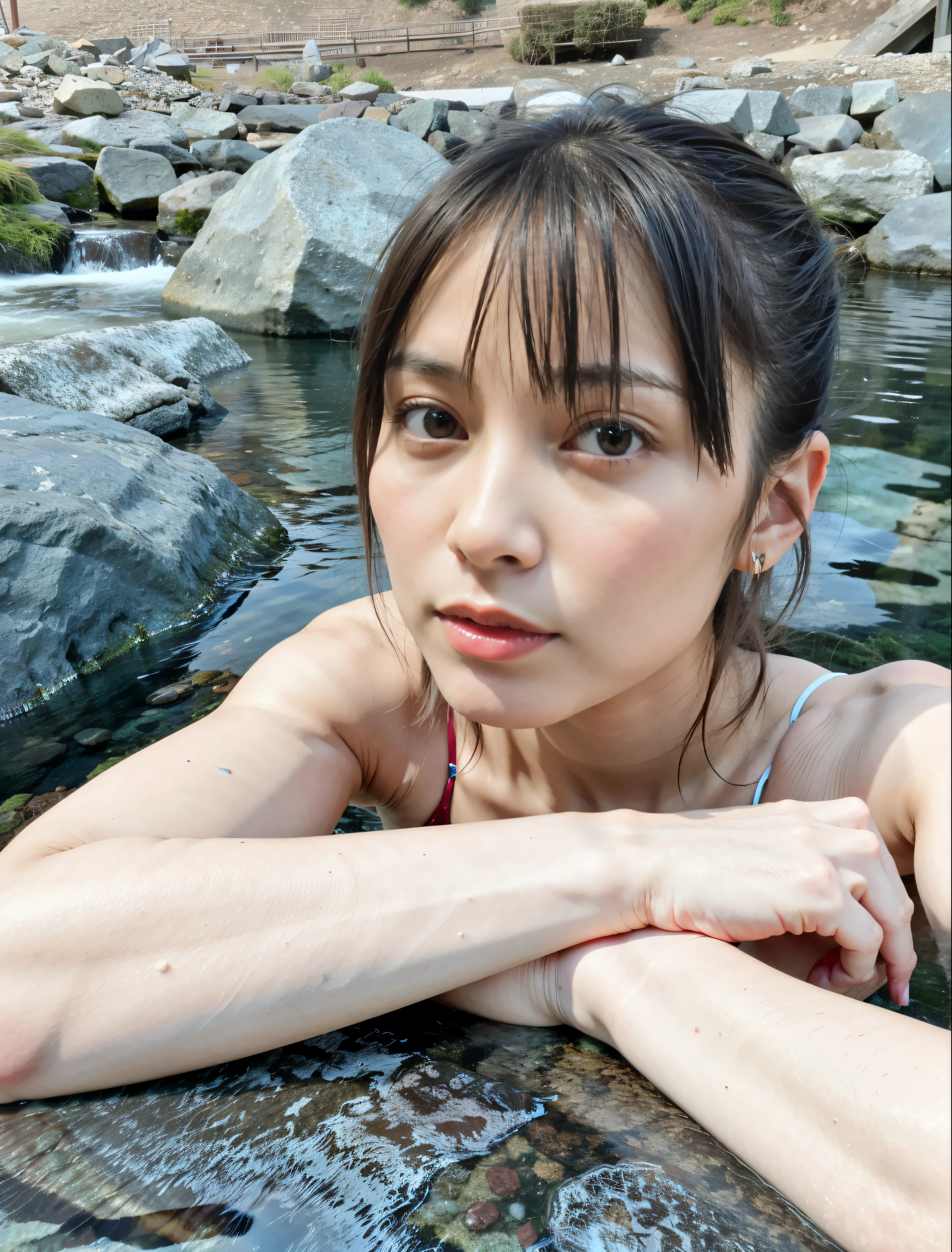 there is a woman that is sitting in the water, Yoshitomo Nara, Ayaka, realistic young gravure idol, Young and cute gravure idol, Young sensual gravure idol, kimi takemura, young gravure idol, Young skinny gravure idol, yasumoto oka, Chiho, shikamimi, It rains