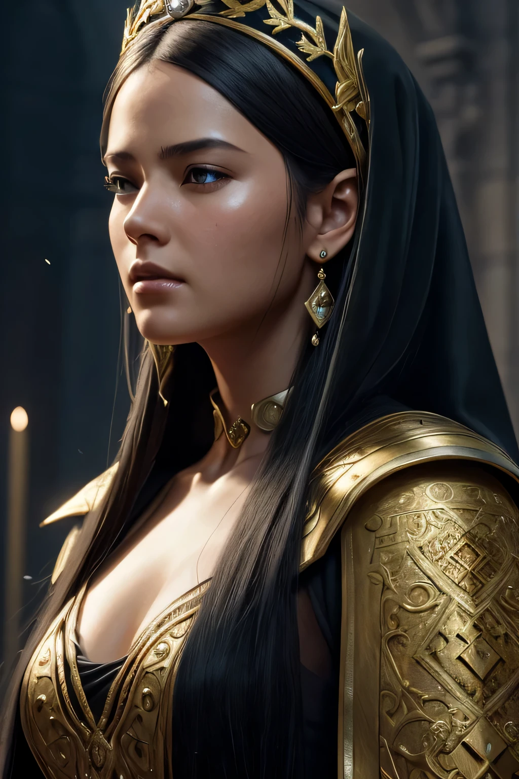 model shooting style, (Highly detailed CG Unity 8K wallpaper), full body photos of the world&#39;The most beautiful artwork, medieval queen, green veil, black skin, black woman, golden crown, diamond, Medieval architecture, Professional majestic oil painting by Ed Blinky, liver gailan, Studio Ghibli, Author Jeremy Mann, Greg Mantis, Antonio Moro, Trends in Artstation, trending on cgsociety, Complex, high detail, sharp focus, dramatic, Realistic Painting Art by Midjourney and Greg Rutkowski, close up of face