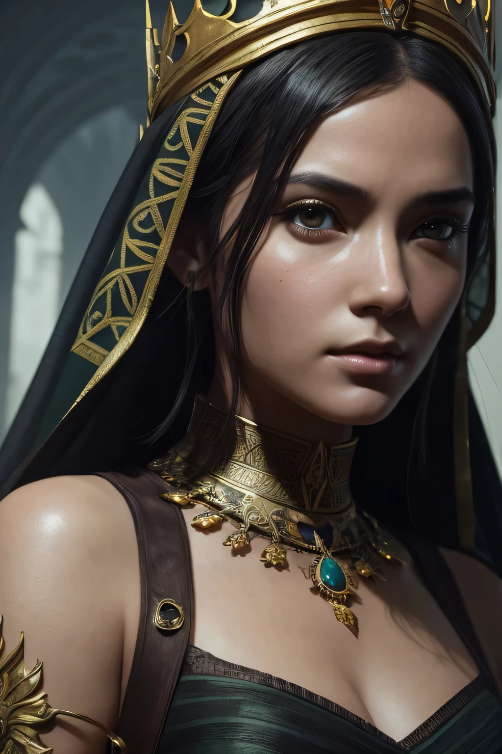 model shooting style, (Highly detailed CG Unity 8K wallpaper), full body photos of the world&#39;The most beautiful artwork, medieval queen, green veil, black skin, black woman, golden crown, diamond, Medieval architecture, Professional majestic oil painting by Ed Blinky, liver gailan, Studio Ghibli, Author Jeremy Mann, Greg Mantis, Antonio Moro, Trends in Artstation, trending on cgsociety, Complex, high detail, sharp focus, dramatic, Realistic Painting Art by Midjourney and Greg Rutkowski, close up of face