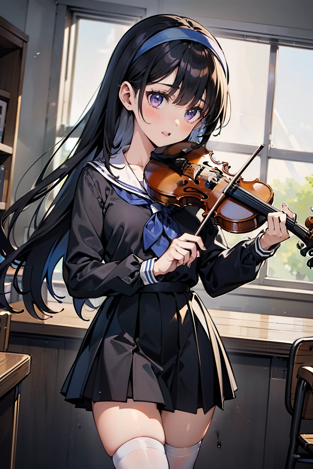 body 8 times longer than head, 8K, highest quality, masterpiece, Super detailed, ultra high resolution, realistic, RAW photo, absolute resolution, black hair, High school girl wearing a navy sailor suit, Anime 2D rendering, realistic若いアニメの女子高生, ((White headband)), purple eyes, small breasts, tall, slanted eyes, (school scenery), black stockings, bright color, open your mouth, Dark blue skirt,  Straight Long Hair, Bangs Patsun, position looking down from above, Music Classes, playing violin, 