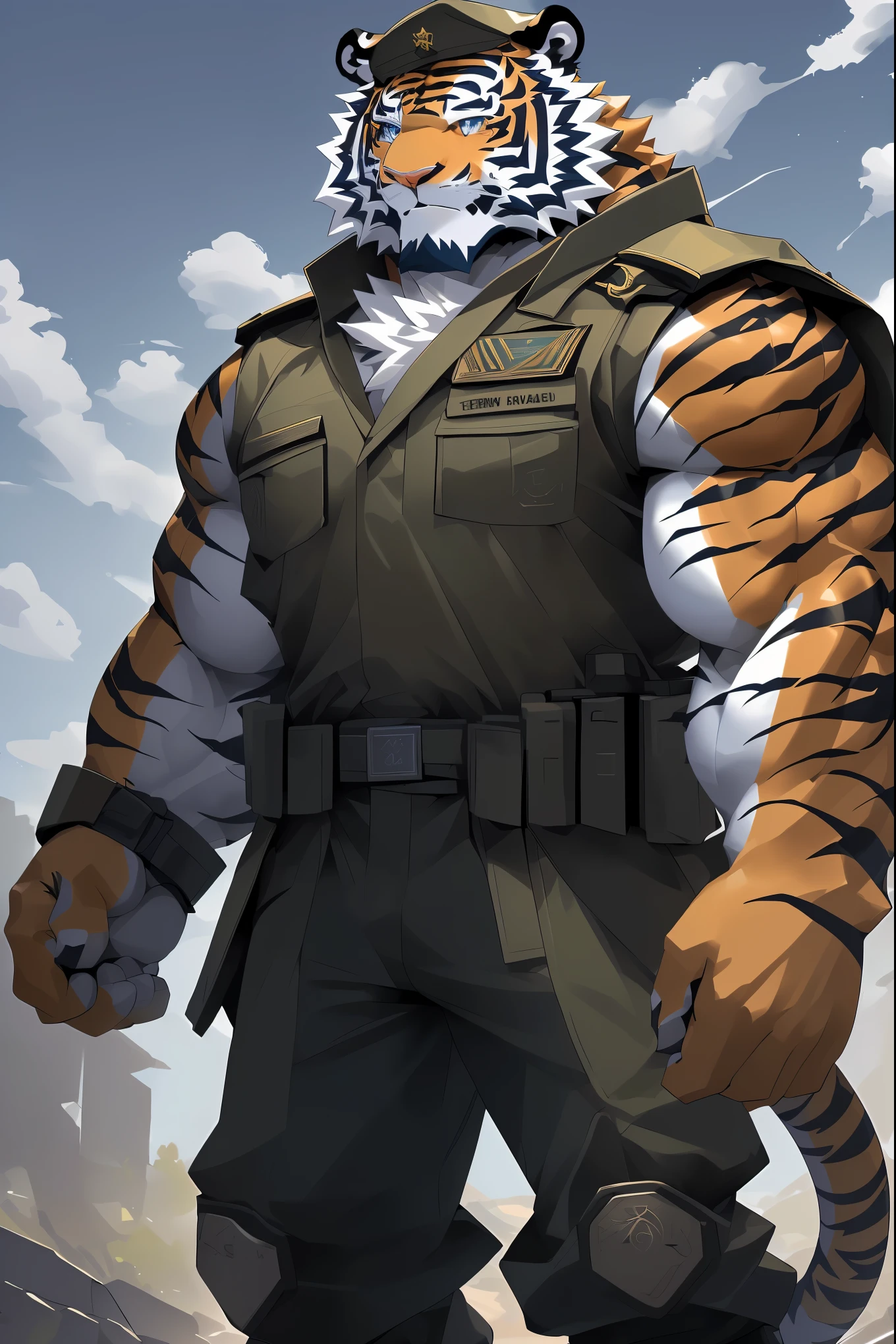 anime character with tiger , tiger_beast, Firmware version, high resolution committee, ((tiger)), gigachad muscular, muscular!!, Tik, muscular!, anthropomorphic tiger, muscular character, Kushat Kenzi, Super detailed!!, muscular!!!, beefy, full body commission, Full body details are very rich,((16k)),(Full body close-up:1.2),(The two eyes are different in color，Different pupils:1.8),HD,(Colored hair:1.5),(Wearing full military uniform:1.5)，solo,(表情perseverance:1.3),hope,((One eye is blue，The other eye is gold:1.5)),(A pair of eyes with different pupil colors:1.5)，((perseverance:1.6)),((perseverance的看着:1.5))，(front:1.3),((stand at attention:1.3)),HD,cg,perfect hands,perfect face,(Very detailed face:1.5),（Put on a military cap:1.3)