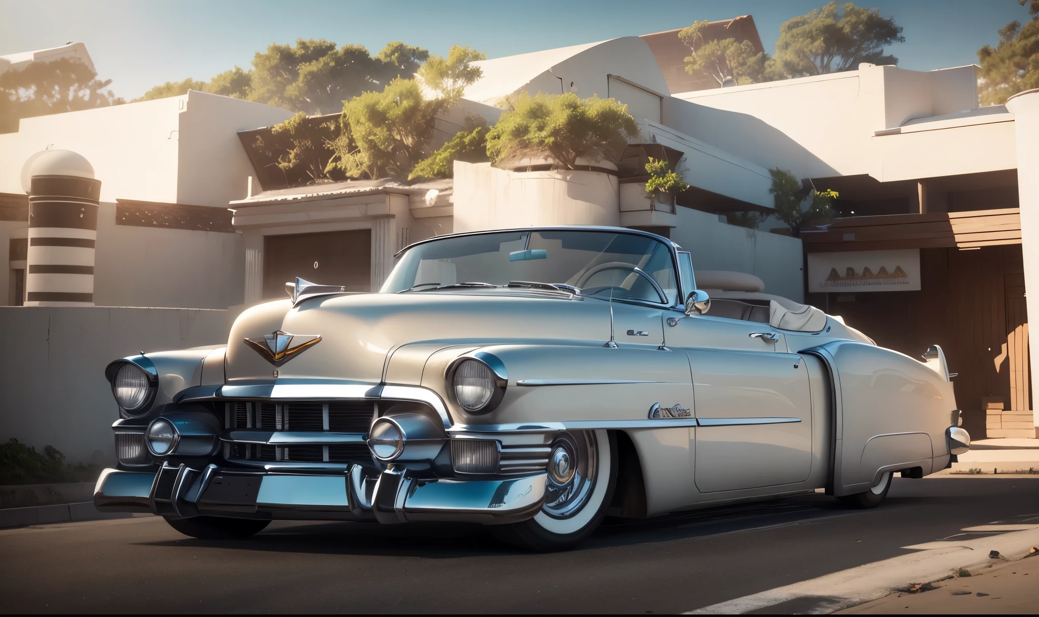 
Prompt Aprimorado:
Um Cadillac 1954 (((completely white metallic))) convertible, imponente e impecavelmente restaurado, reina absoluto na ensolarada Beverly Hills. Ambiente totalmente branco Rodas BBS RS de 17 polegadas com acabamento cromado reluzem sob a luz do sol, enquanto sua postura rebaixada o aproxima do asfalto da rua arborizada. Palmeiras imponentes se erguem ao seu lado, como sentinelas que guardam essa joia vintage. White Art Deco mansions with white balconies complete the scene, creating an impeccable contrast to Cadillac&#39;s timeless elegance.