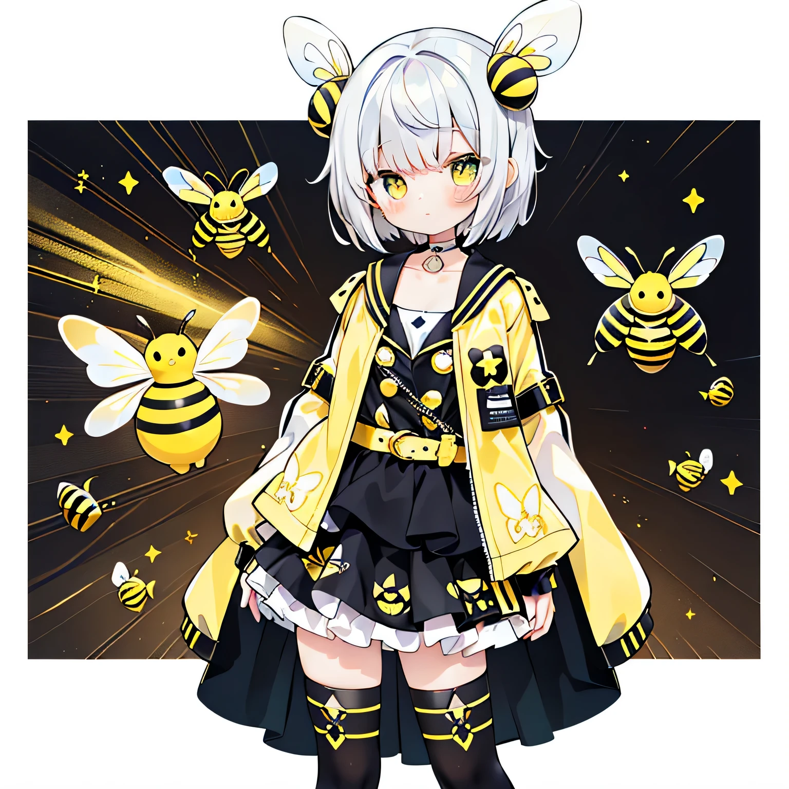 (PastelColors:1.3)、(Cute illustration:1.3)、(watercolor paiting:1.1)、highest quality, masterpiece, surreal, High resolution, very detailed, 8K, (one girl:1.3), cute, anime, clear white skin, (black and yellow theme:1.4), ((japanese idol costume with bee motif, punk and fancy style):1.2), (roll-up sleeves Latex black closed jacket with yellow bellied lapel:1.4), (zip-up:1.5), (costume divided into tops and bottoms:1.3), (collarbone:1.3), (crazy amount of buttons and needles:1.2), (yellow (eyelet belt, grommet belt):1.3), (yellow (See-through tulle skirt, tulle Layered mini skirt) with ruffles:1.3), (fancy over-knee-socks with black and yellow striped pattern:1.4), (black high platform boots with lace-up:1.2), (choker with silver needles:1.3), (bangle with silver needles:1.3), (Cute logo with a bee motif on jacket:1.2),☺