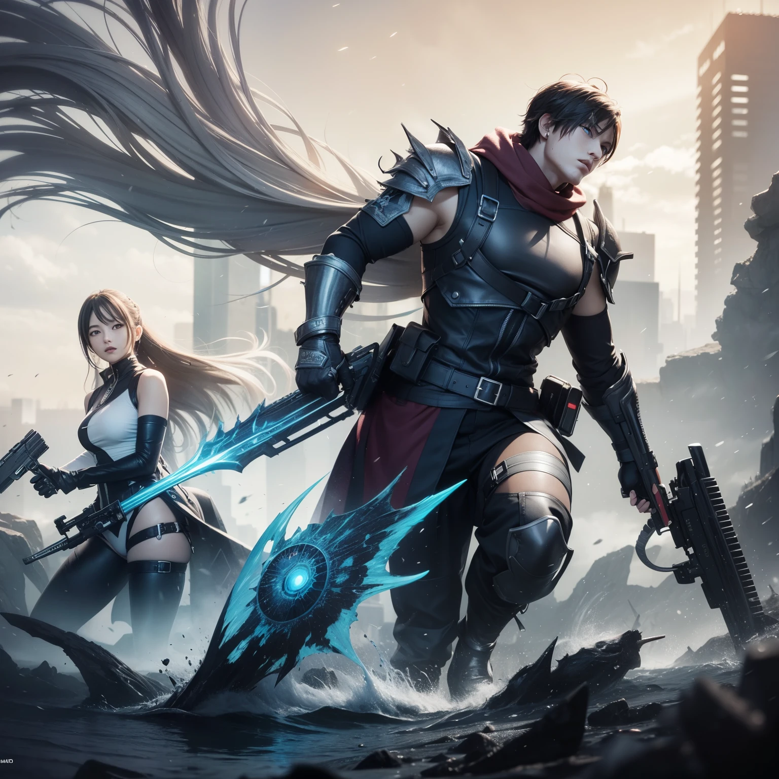 Couple of art in fantasy anime mythic action effect, sharp focus, studio photo, masterpiece, UHD, Resident Evil & Tsutomu Nihei aesthetic style