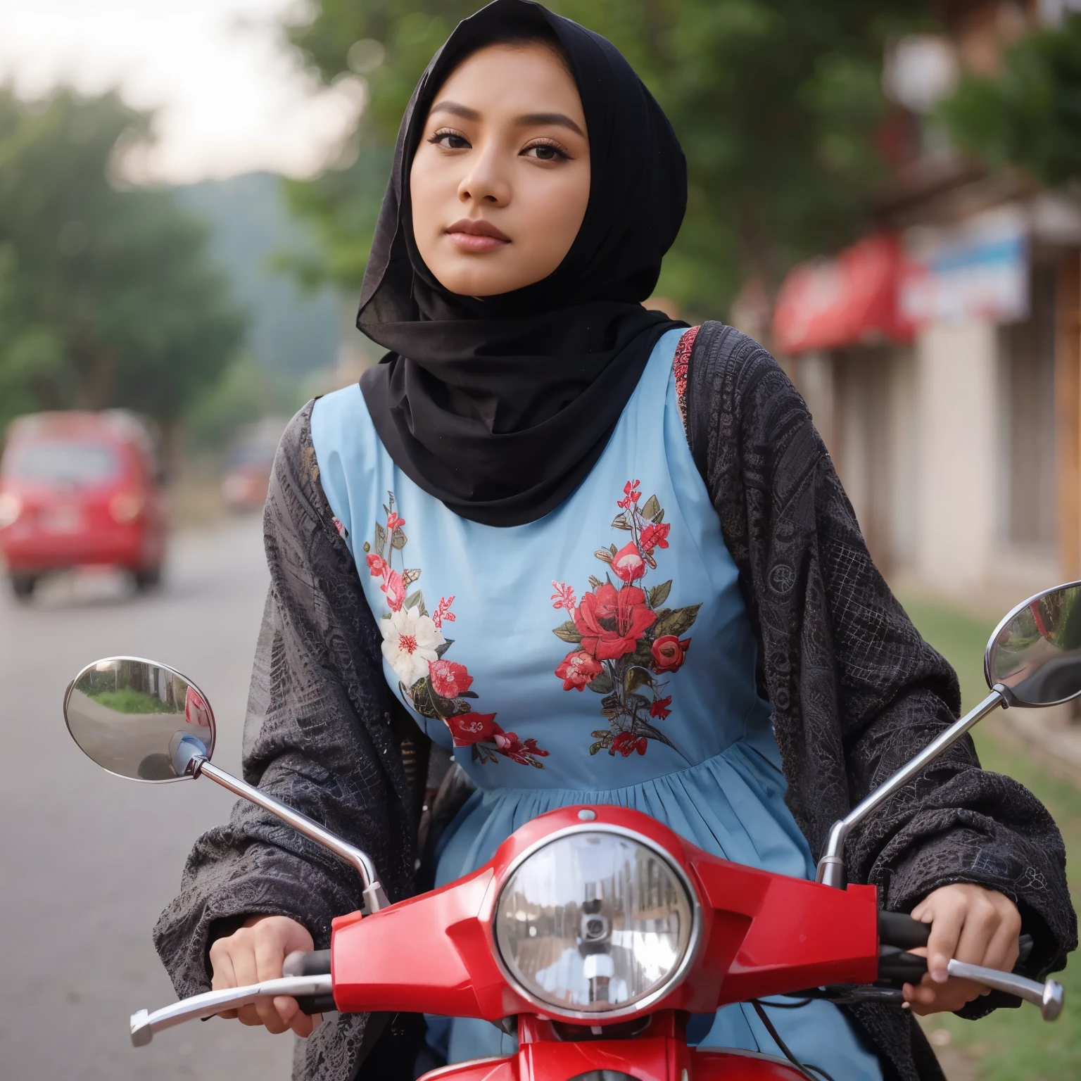 Woman in hijab on a red scooter on a street - SeaArt AI