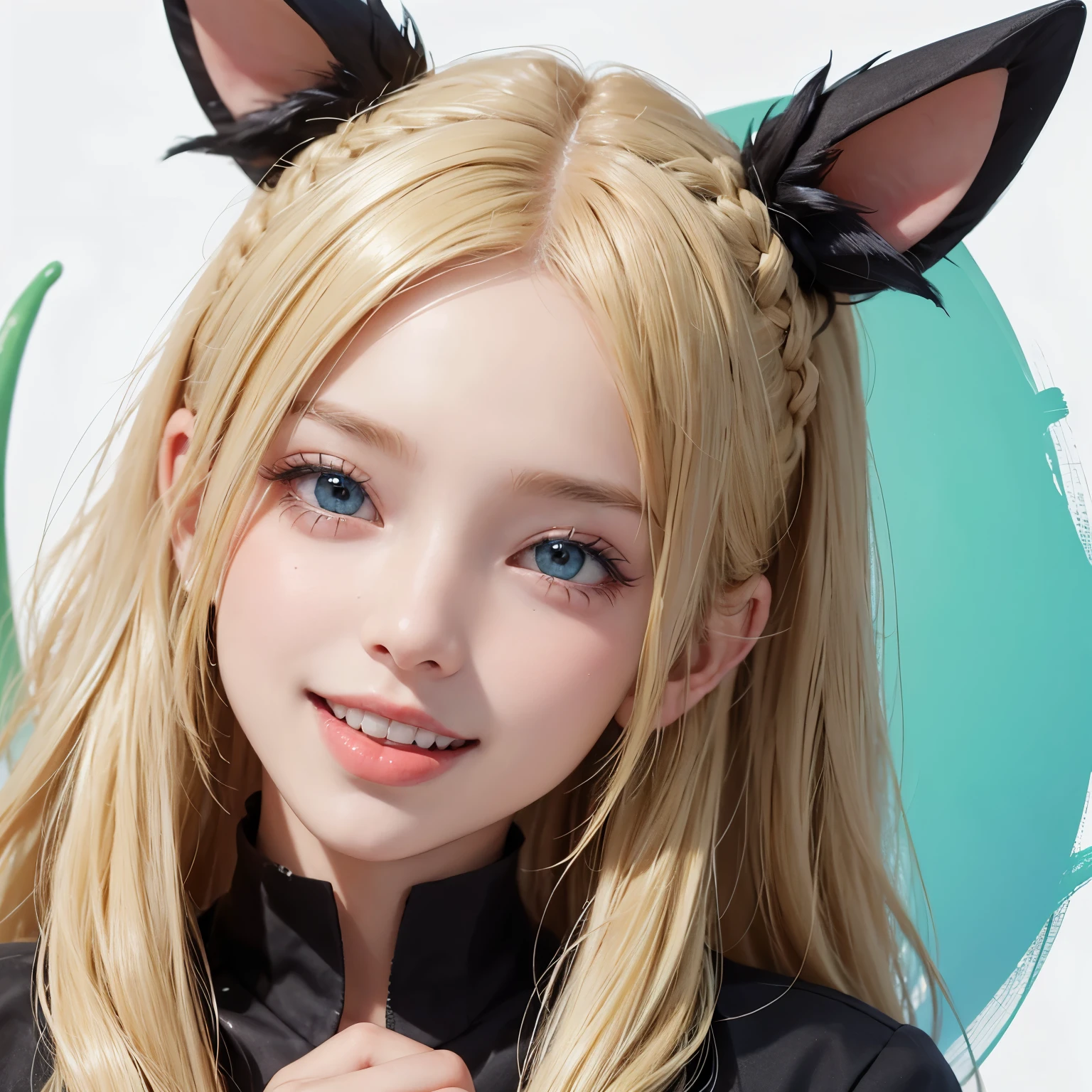 Cute blonde girl. The right eye is blue, and the left one is green. smiling, mouth open and tongue sticking out. Hairstyle - two tails on the sides