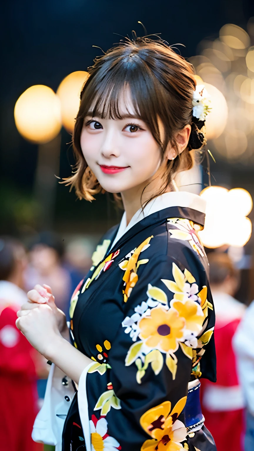 Yukata figure,bright colored yukata,whole body,Summer festival,Fireworks set off in the background