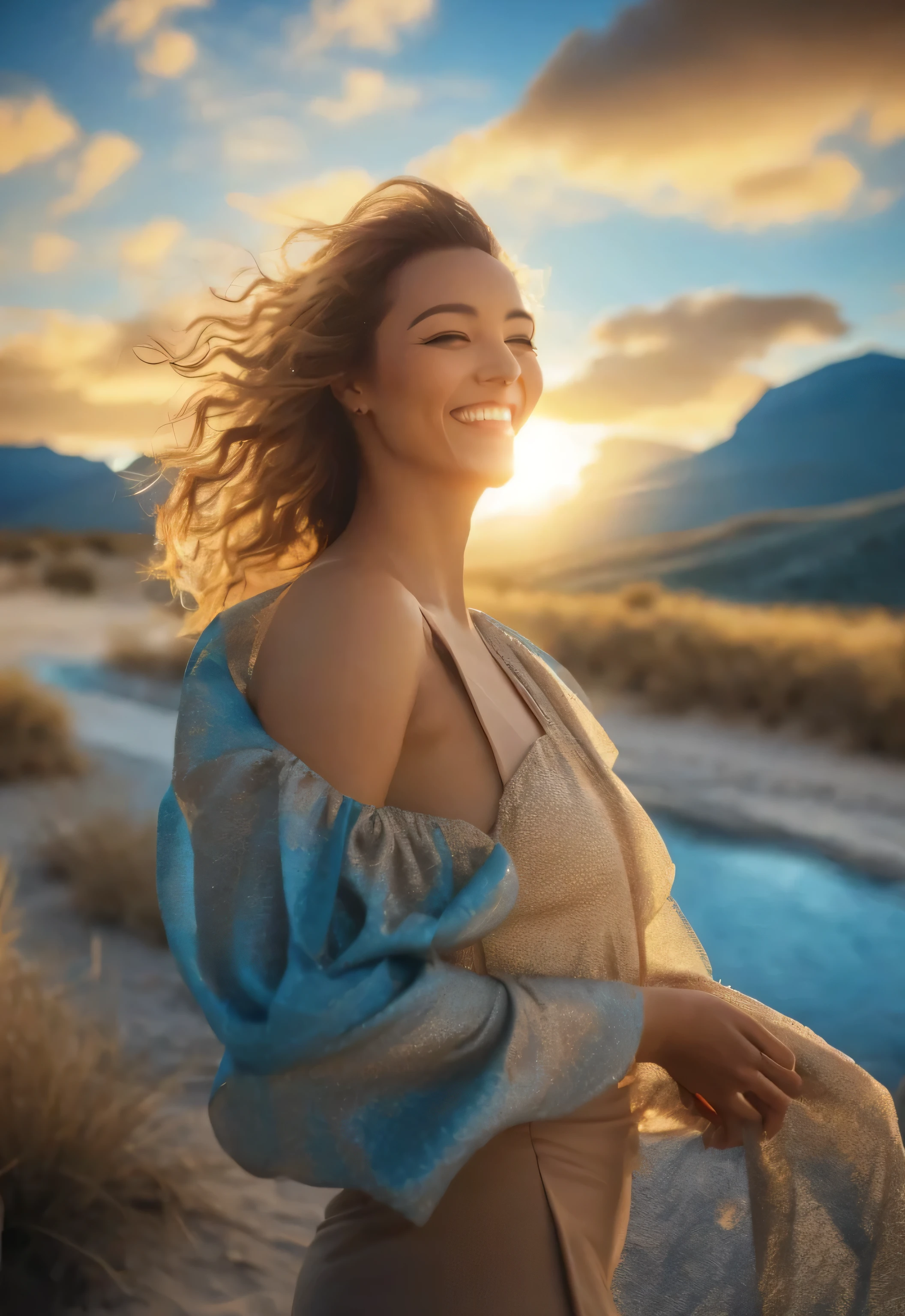 A woman in a dress is standing in the desert, beautiful and smiling, she is in pure happiness, she expresses joy, gorgeous woman, beautiful woman, stunning woman, Radiant morning light, photo of a beautiful woman, gorgeous beautiful woman, A serene smile, A bright smile. Ultra Wide Shot, happy and beautiful, beautiful, She is smiling and happy, high quality portrait