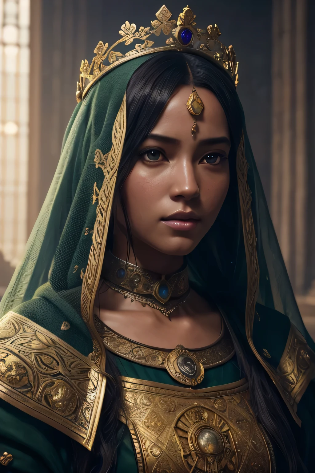 model shooting style, (Highly detailed CG Unity 8K wallpaper), full body photos of the world'The most beautiful artwork, medieval queen, green veil, black skin, black woman, golden crown, diamond, Medieval architecture, Professional majestic oil painting by Ed Blinky, liver gailan, Studio Ghibli, Author Jeremy Mann, Greg Mantis, Antonio Moro, Trends in Artstation, trending on cgsociety, Complex, high detail, sharp focus, dramatic, Realistic Painting Art by Midjourney and Greg Rutkowski, close up of face