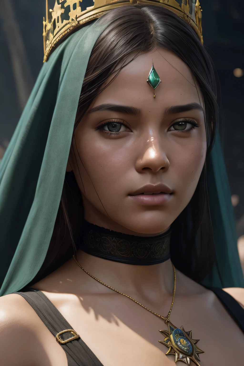 model shooting style, (Highly detailed CG Unity 8K wallpaper), full body photos of the world'The most beautiful artwork, medieval queen, green veil, black skin, black woman, golden crown, diamond, Medieval architecture, Professional majestic oil painting by Ed Blinky, liver gailan, Studio Ghibli, Author Jeremy Mann, Greg Mantis, Antonio Moro, Trends in Artstation, trending on cgsociety, Complex, high detail, sharp focus, dramatic, Realistic Painting Art by Midjourney and Greg Rutkowski, close up of face
