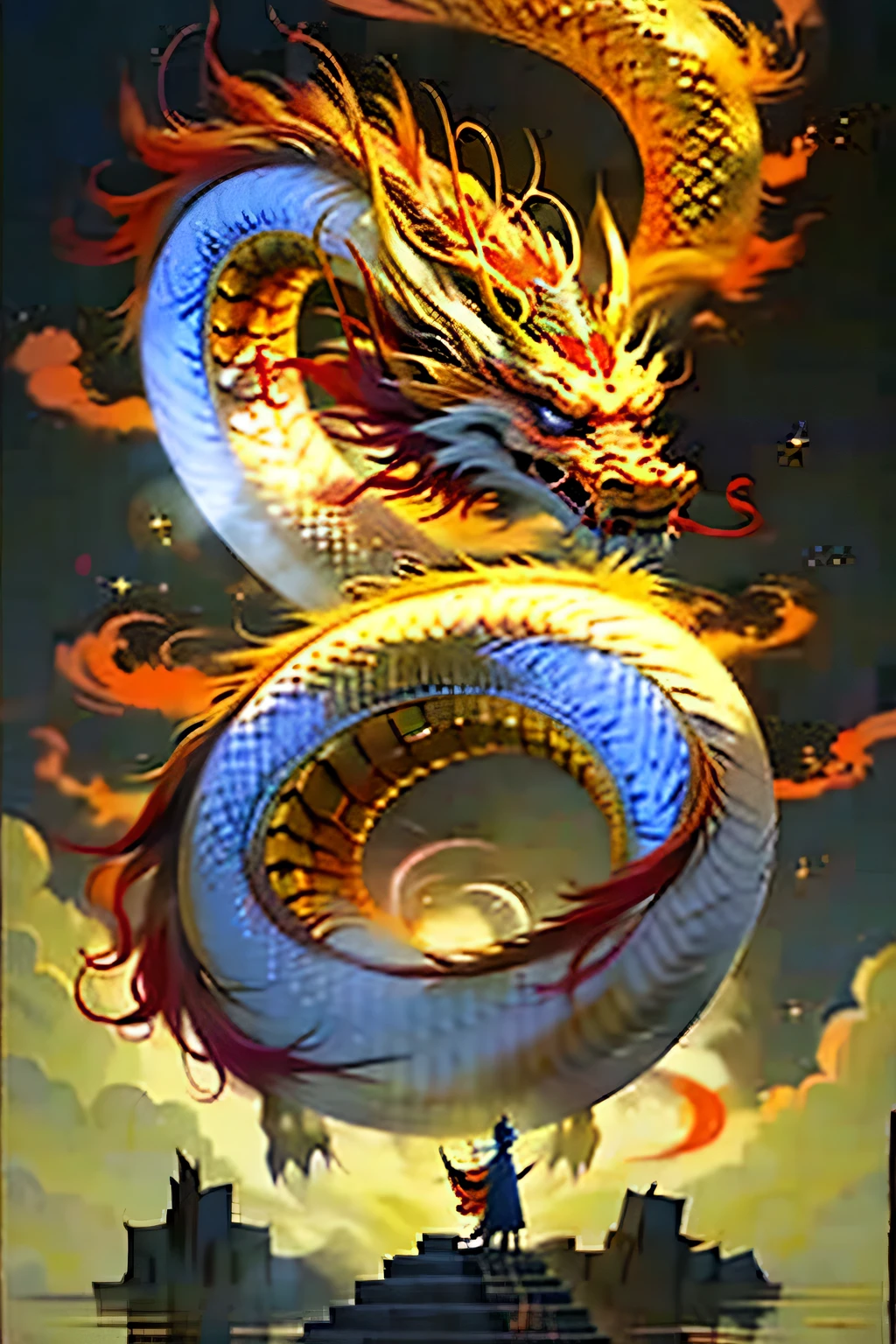 Traditional Chinese dragon，imagine，majesty，Kaneko，orange color，Red，shrouded in mist，sacRed