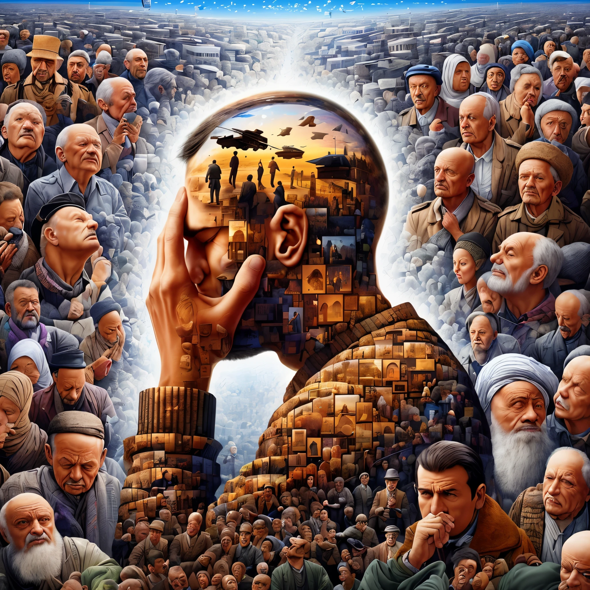 A picture of a man with a head full of people,  Surreal art, his mind contemplating eternity, Digital art that bends the mind, incredible detail, They reach his heart, Collective consciousness, Bending the mind, matte painting of human mind, Inspired by Igor Morski, ponder existence, who can open up, Surreal art, surrealism art, there are human heads everywhere