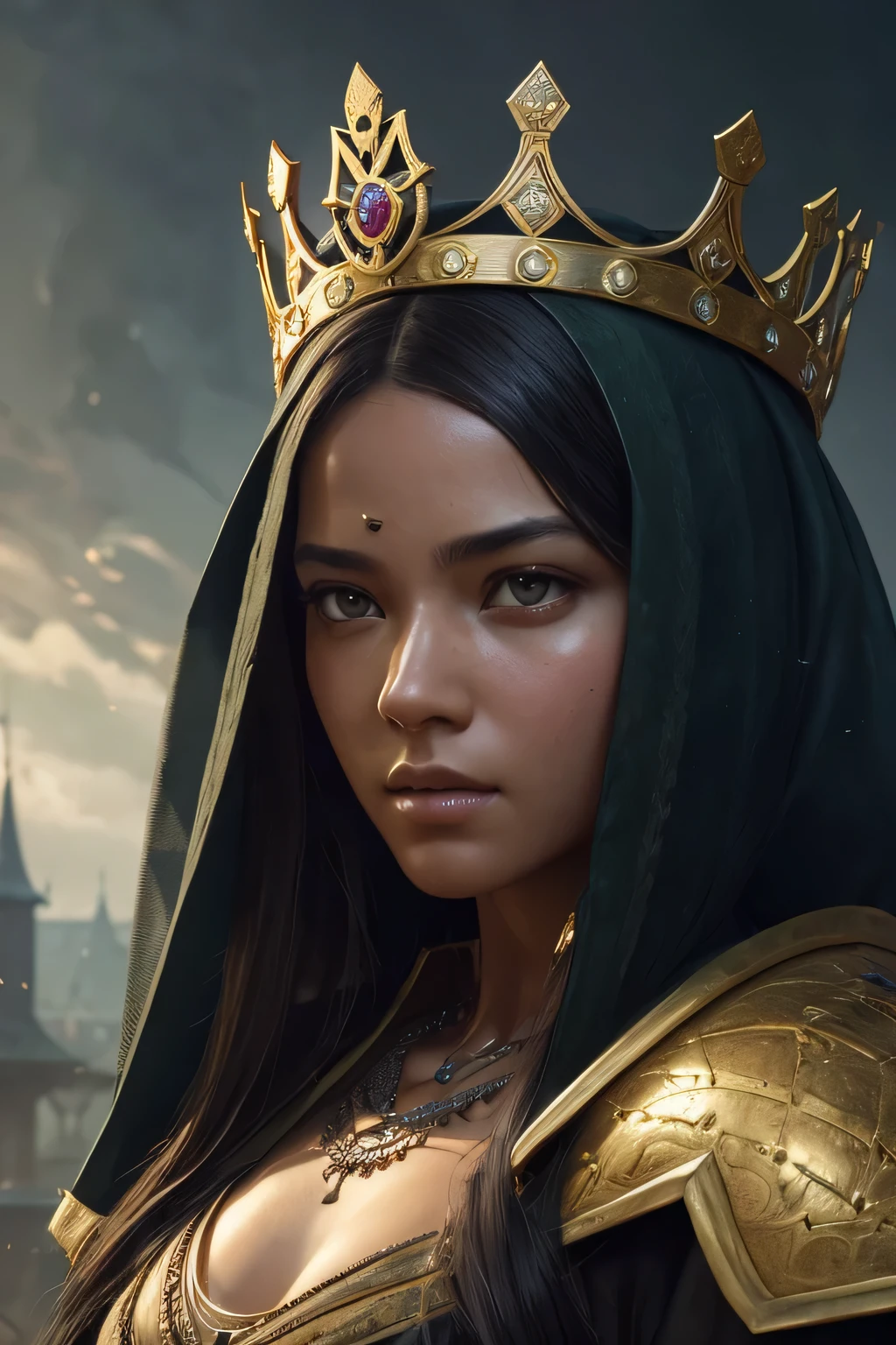 model shooting style, (Highly detailed CG Unity 8K wallpaper), full body photos of the world'The most beautiful artwork, medieval queen, green veil, black skin, black woman, golden crown, diamond, Medieval architecture, Professional majestic oil painting by Ed Blinky, liver gailan, Studio Ghibli, Author Jeremy Mann, Greg Mantis, Antonio Moro, Trends in Artstation, trending on cgsociety, Complex, high detail, sharp focus, dramatic, Realistic Painting Art by Midjourney and Greg Rutkowski, close up of face